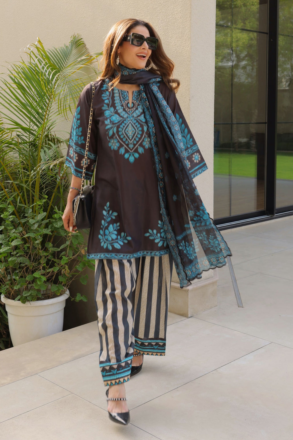 Priyanka x HOK in Black & Teal Printed Lawn Cotton Co-ord Set with Farsi Pants