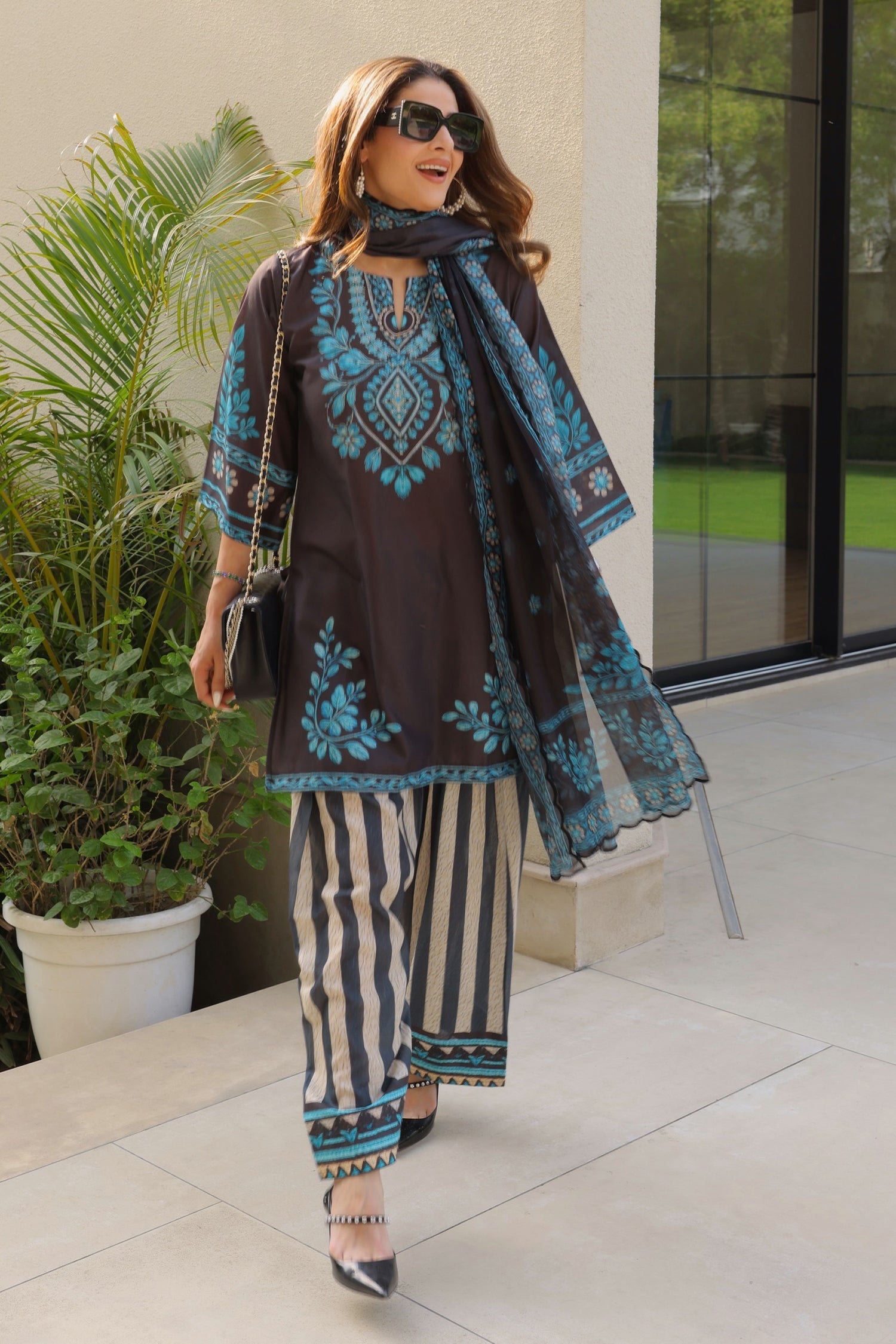 Priyanka x HOK in Black & Teal Printed Lawn Cotton Co-ord Set with Farsi Pants