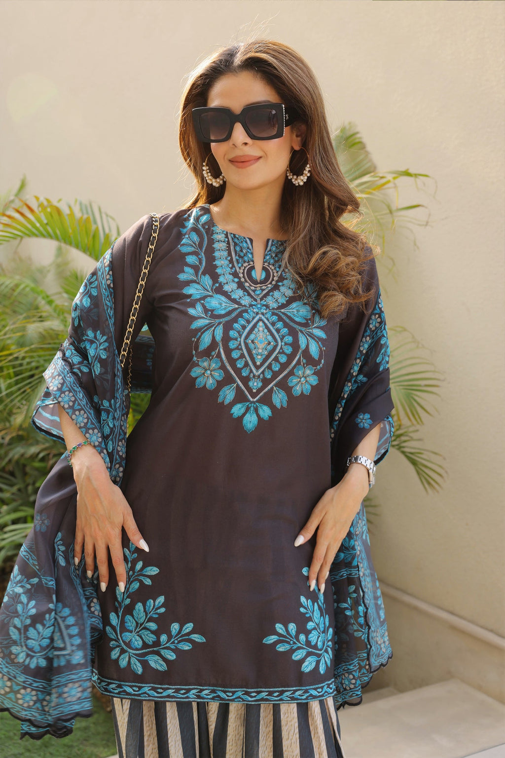 Priyanka x HOK in Black & Teal Printed Lawn Cotton Co-ord Set with Farsi Pants