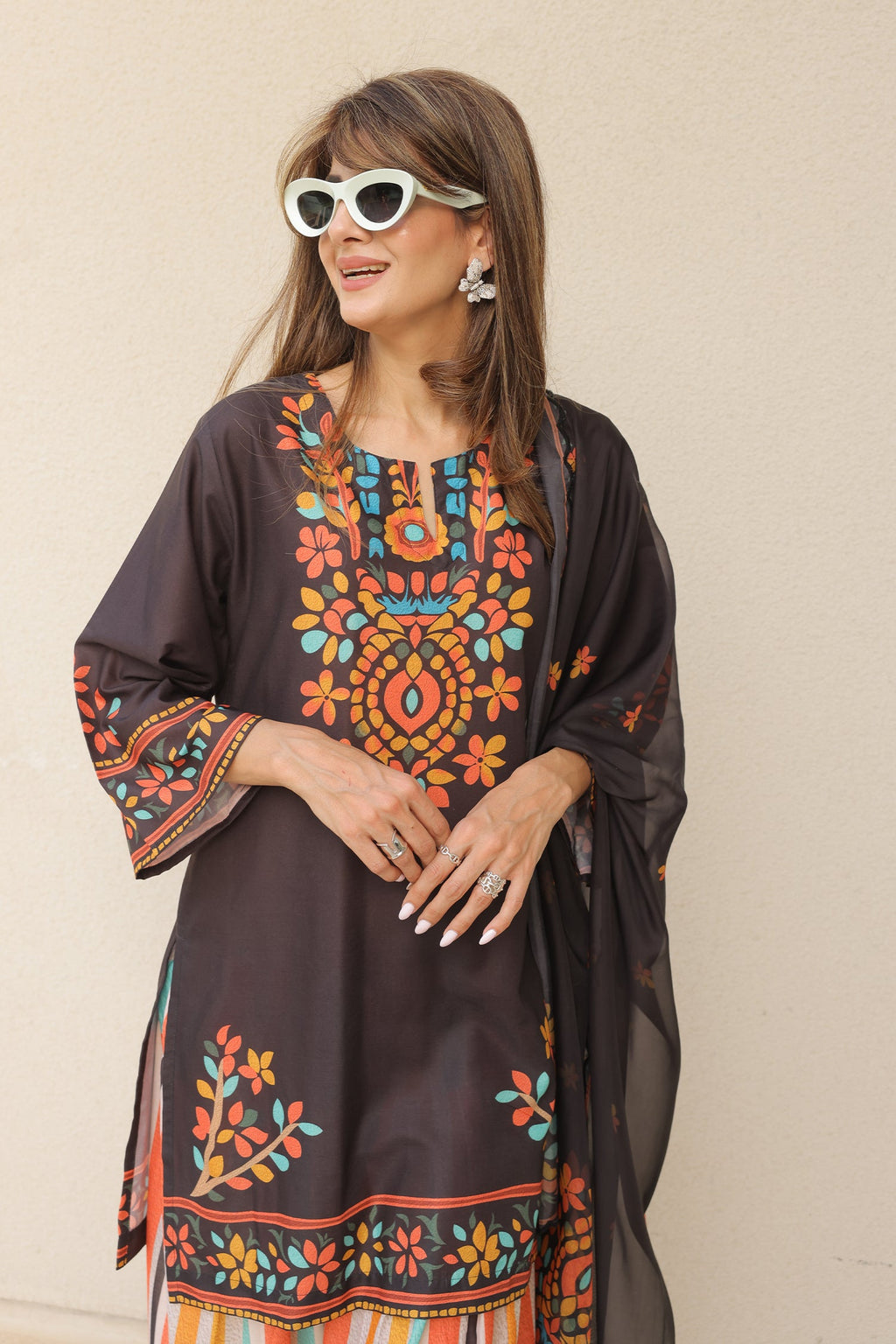 Neha x HOK in Black Multicolour Printed Lawn Cotton Co-ord Set with Farsi Pants