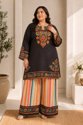 Plus Size - Black Multicolour Printed Lawn Cotton Co-ord Set with Farsi Pants