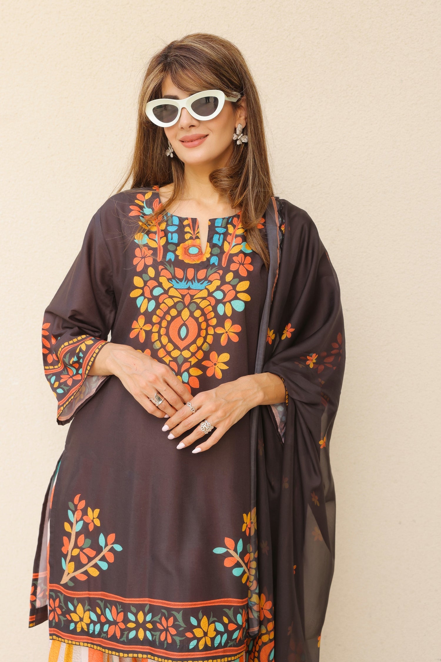 Neha x HOK in Black Multicolour Printed Lawn Cotton Co-ord Set with Farsi Pants