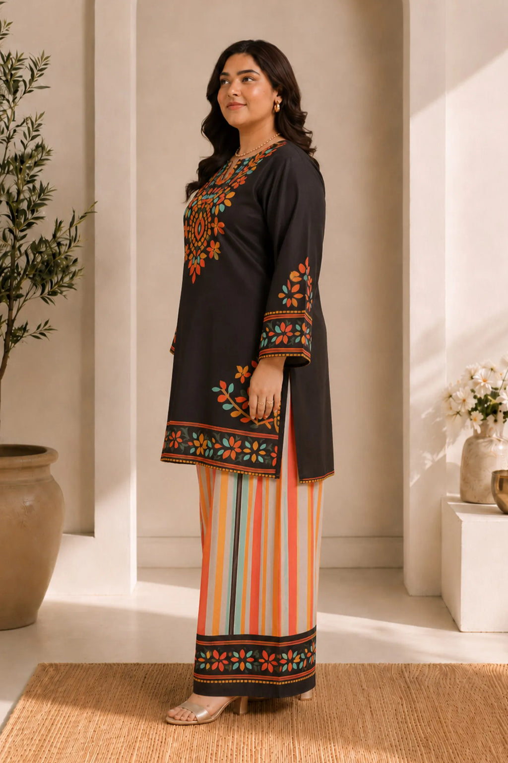Plus Size - Black Multicolour Printed Lawn Cotton Co-ord Set with Farsi Pants