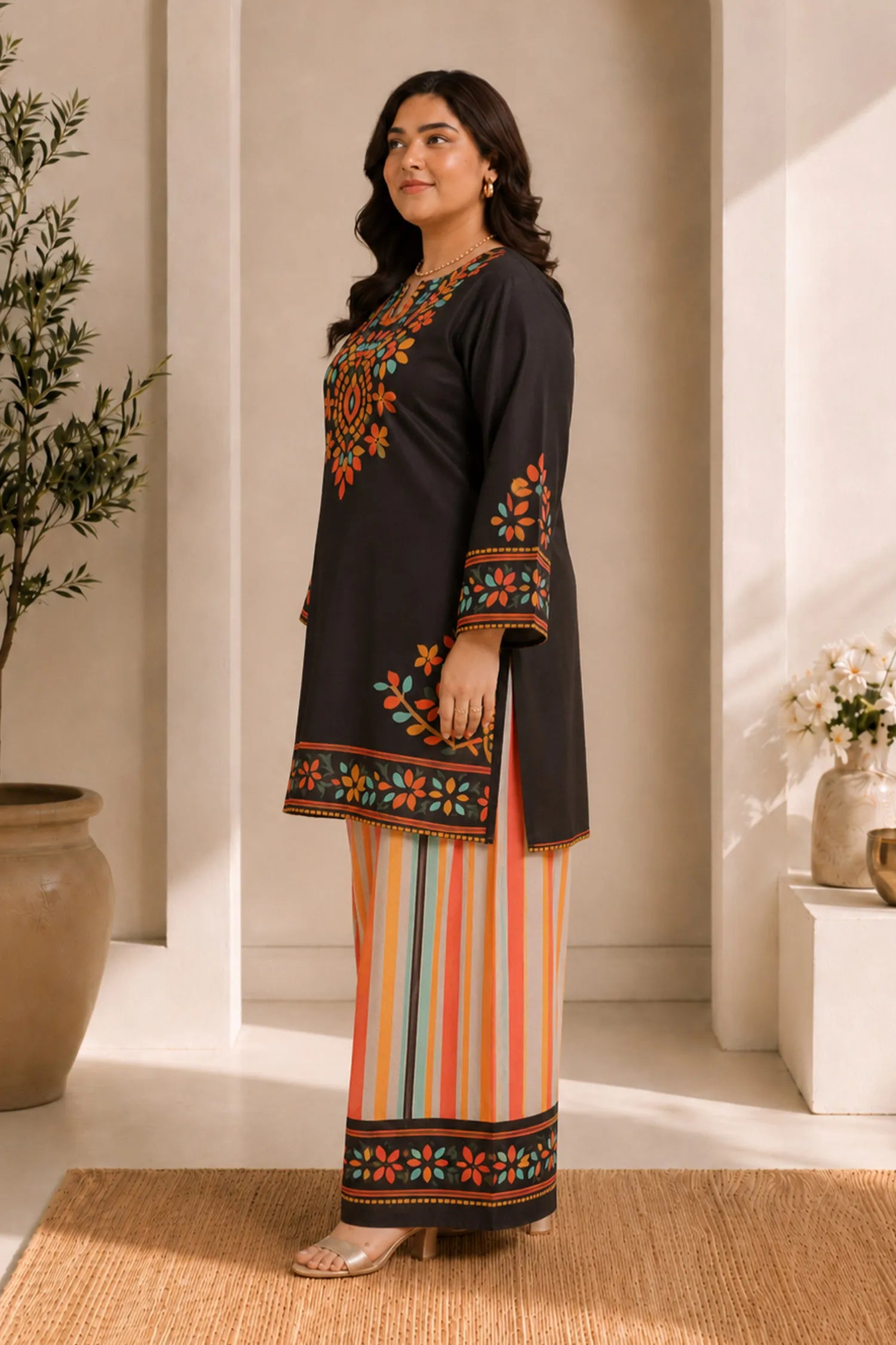 Plus Size - Black Multicolour Printed Lawn Cotton Co-ord Set with Farsi Pants