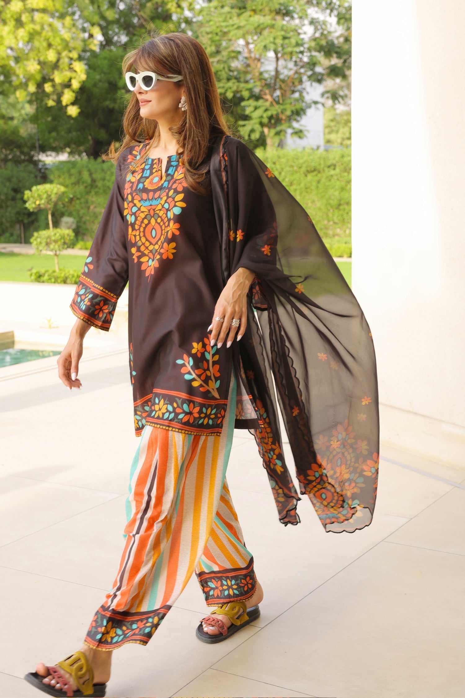 Neha x HOK in Black Multicolour Printed Lawn Cotton Co-ord Set with Farsi Pants