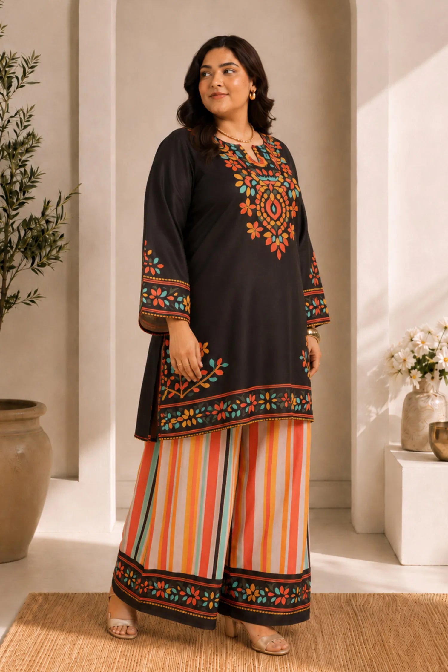 Plus Size - Black Multicolour Printed Lawn Cotton Co-ord Set with Farsi Pants
