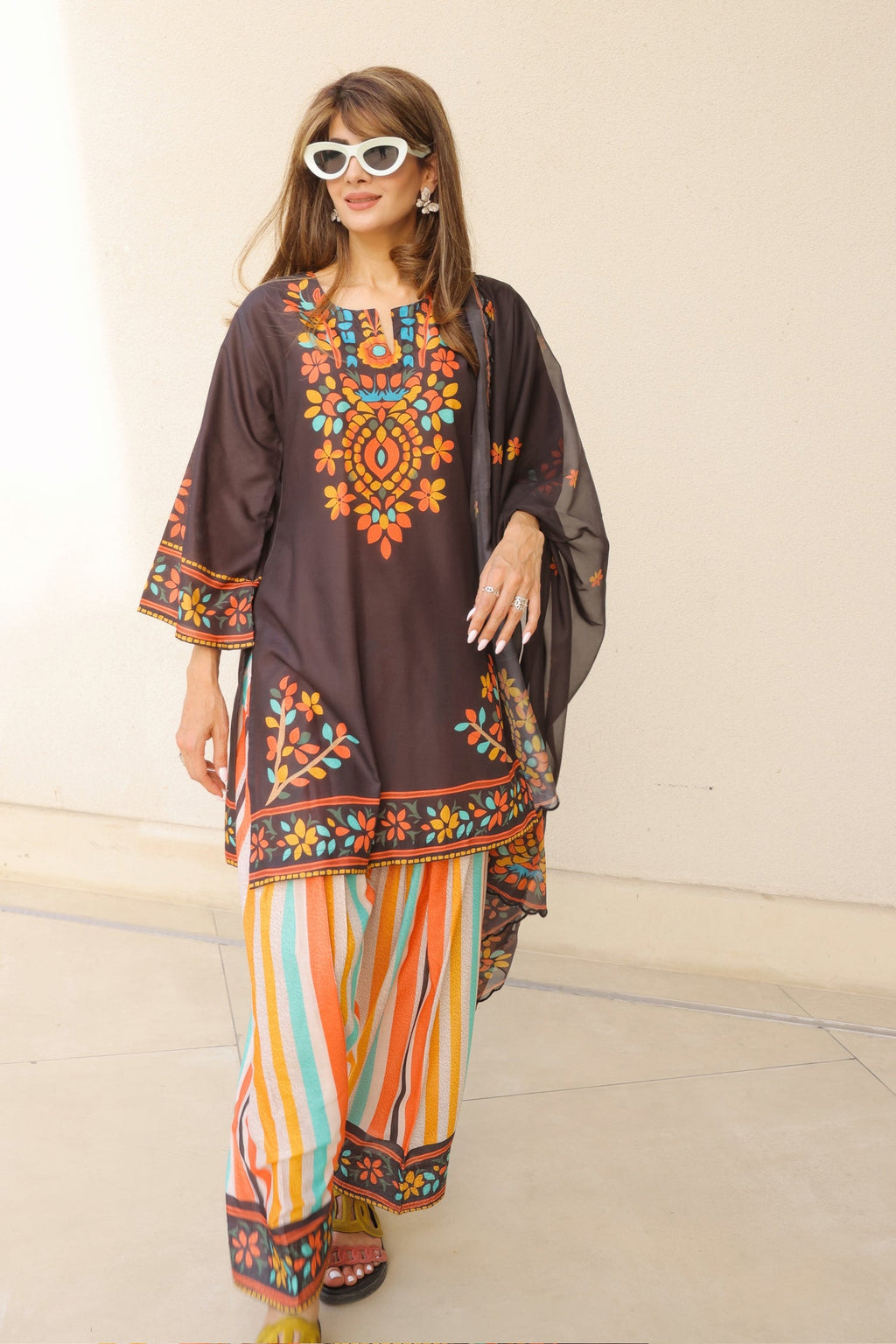 Neha x HOK in Black Multicolour Printed Lawn Cotton Co-ord Set with Farsi Pants