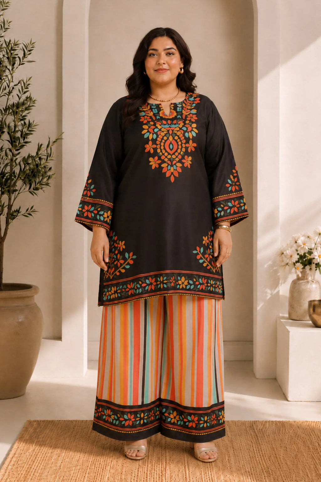 Plus Size - Black Multicolour Printed Lawn Cotton Co-ord Set with Farsi Pants