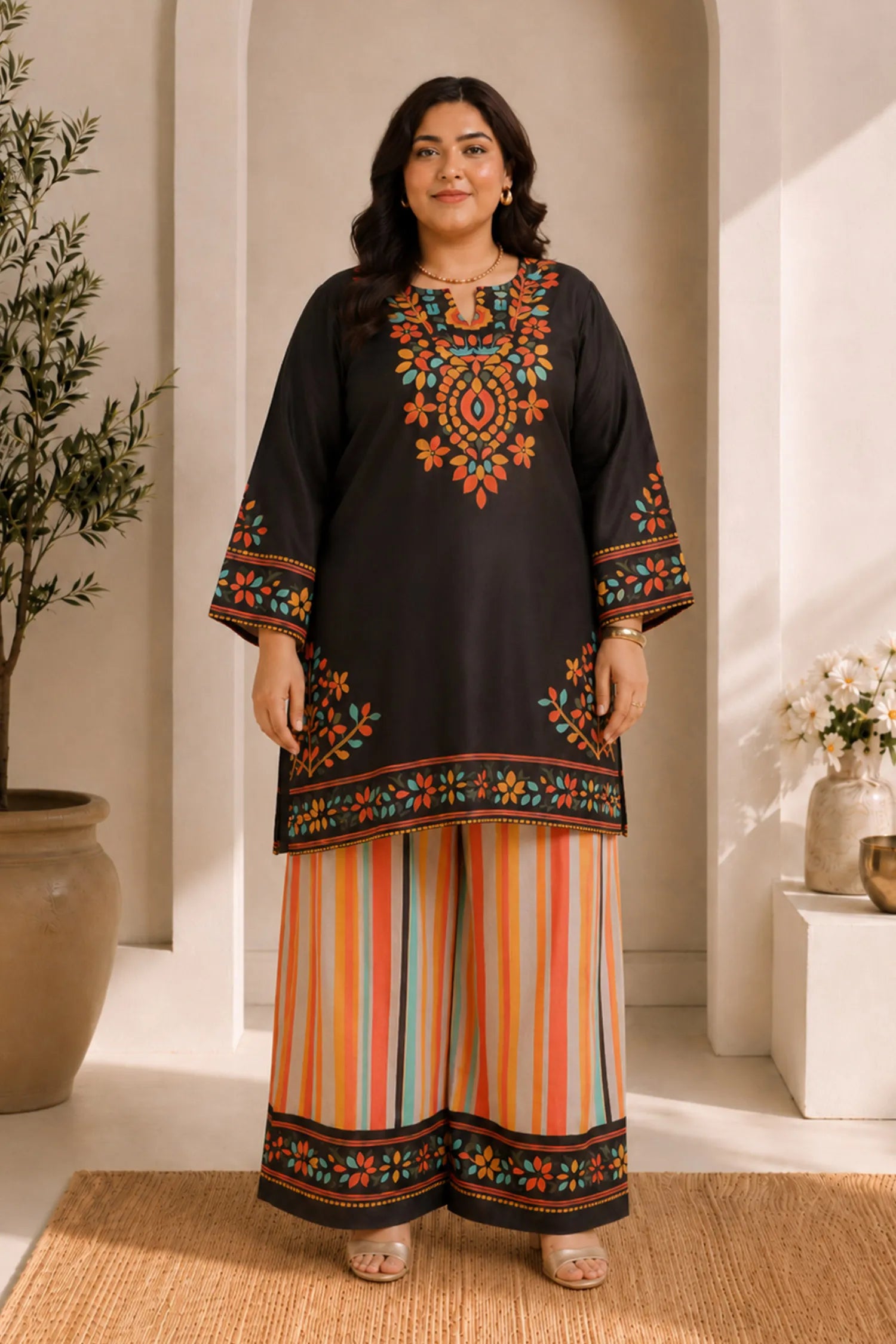 Plus Size - Black Multicolour Printed Lawn Cotton Co-ord Set with Farsi Pants