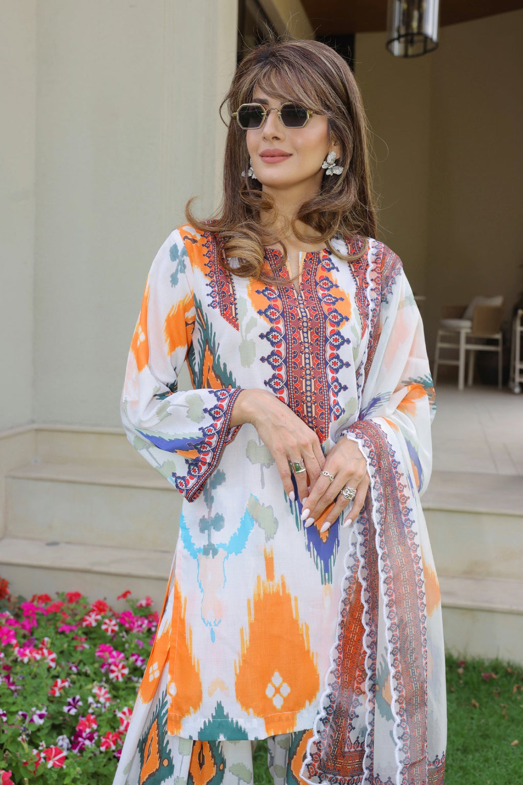 Neha x HOK in Grey Multicolour Ikat Printed Lawn Cotton Co-ord Set with Farsi Pants