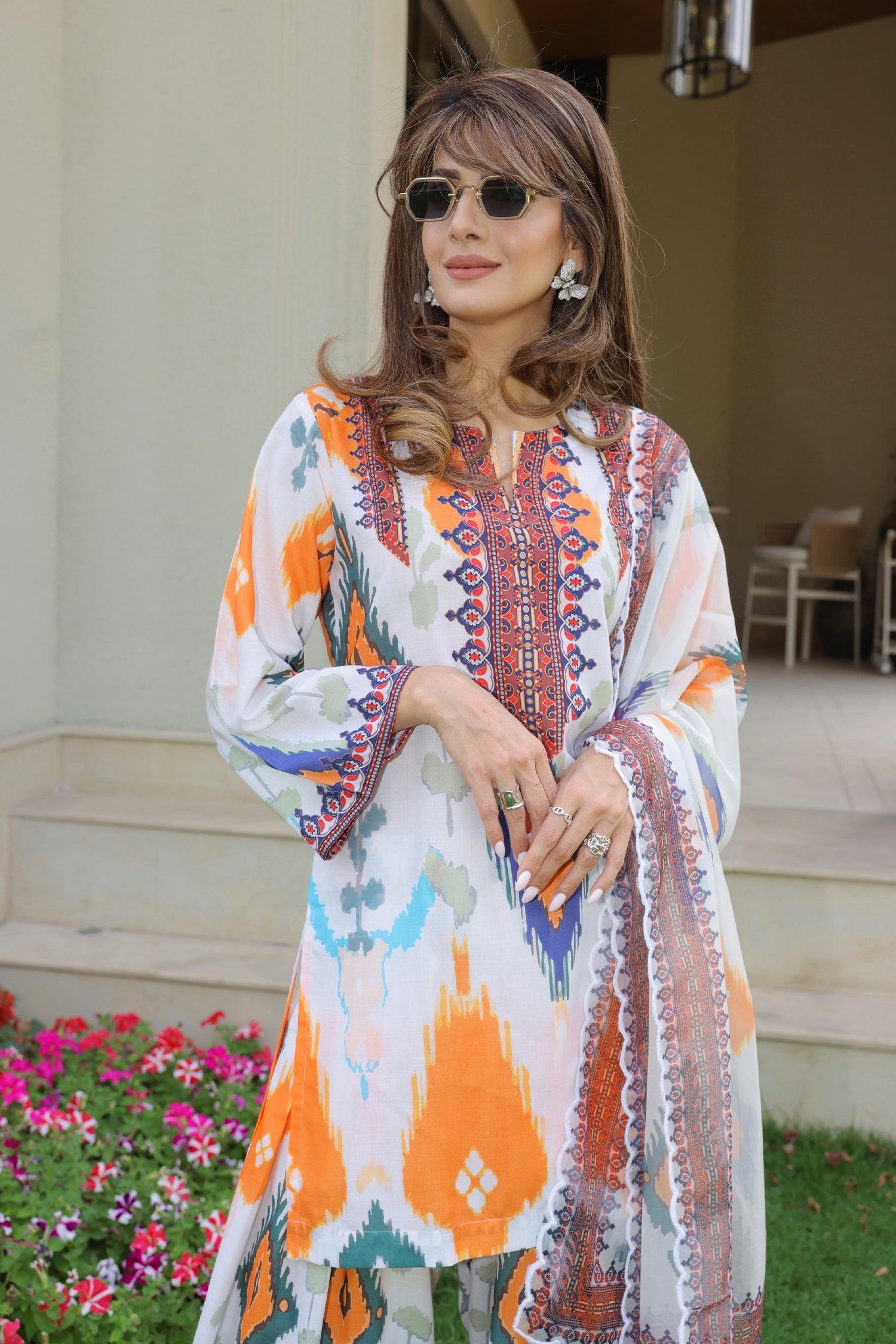 Neha x HOK in Grey Multicolour Ikat Printed Lawn Cotton Co-ord Set with Farsi Pants