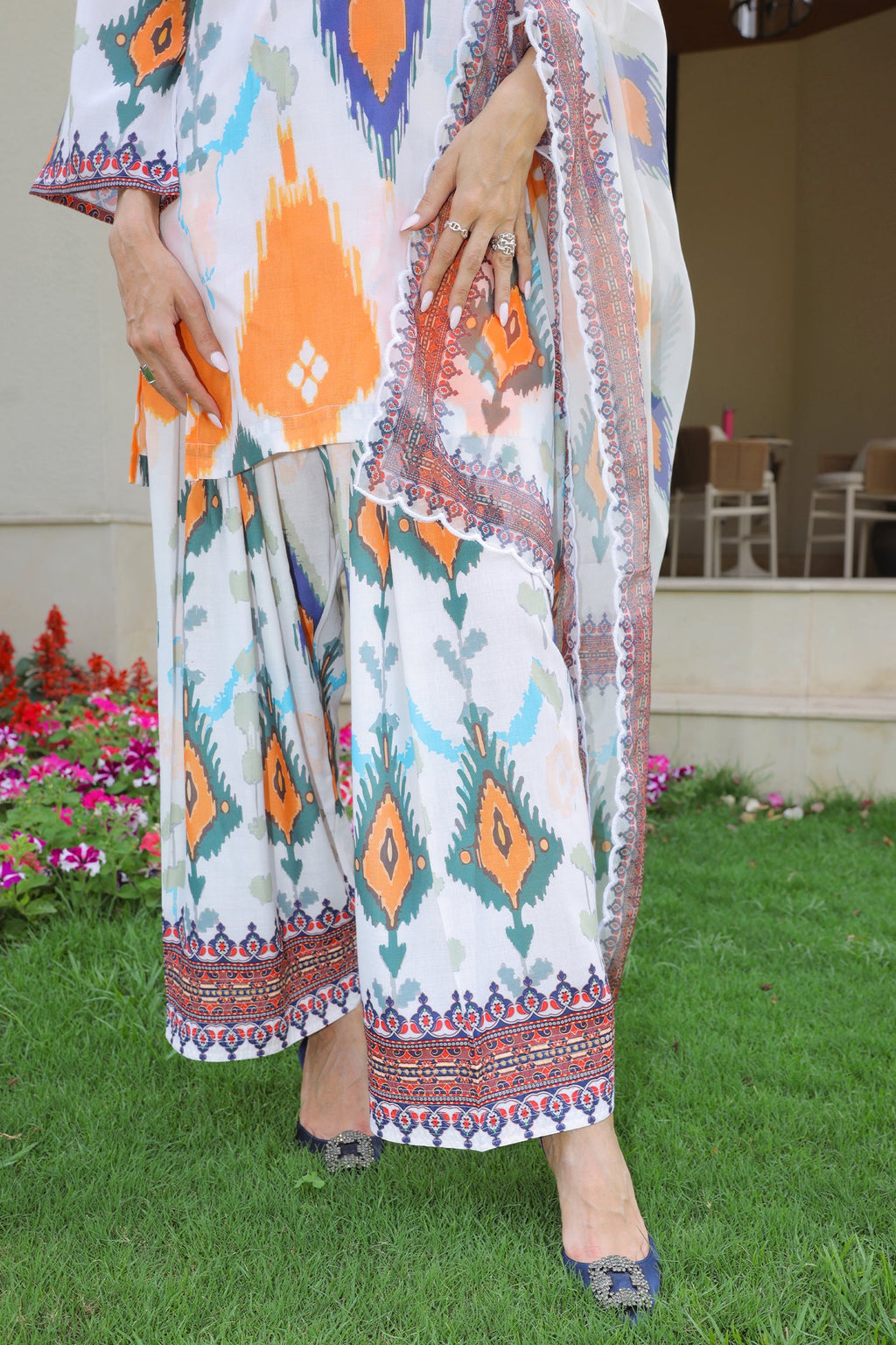 Neha x HOK in Grey Multicolour Ikat Printed Lawn Cotton Co-ord Set with Farsi Pants