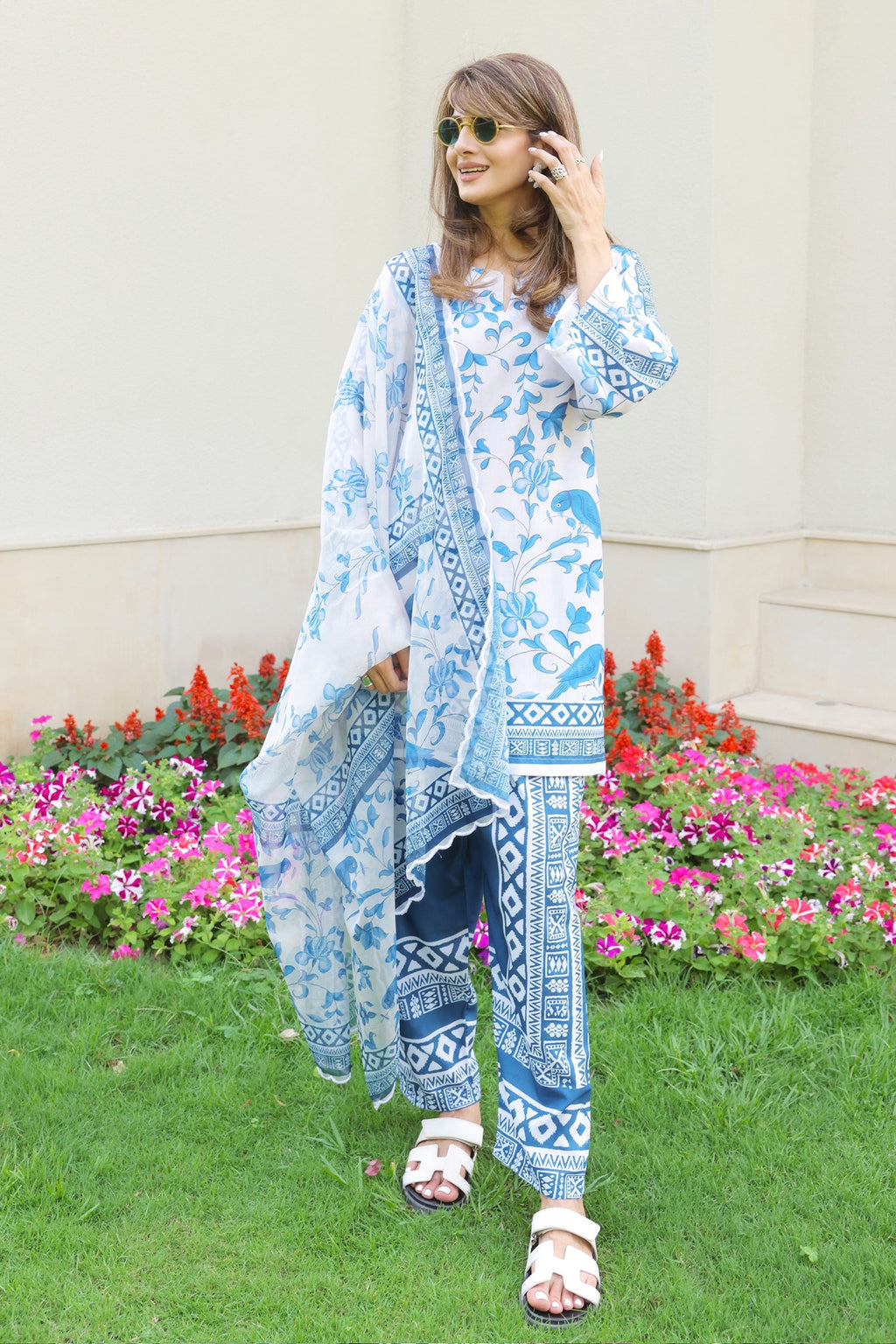 Neha x HOK in Ivory & Indigo Printed Lawn Cotton Co-ord Set with Straight Pants
