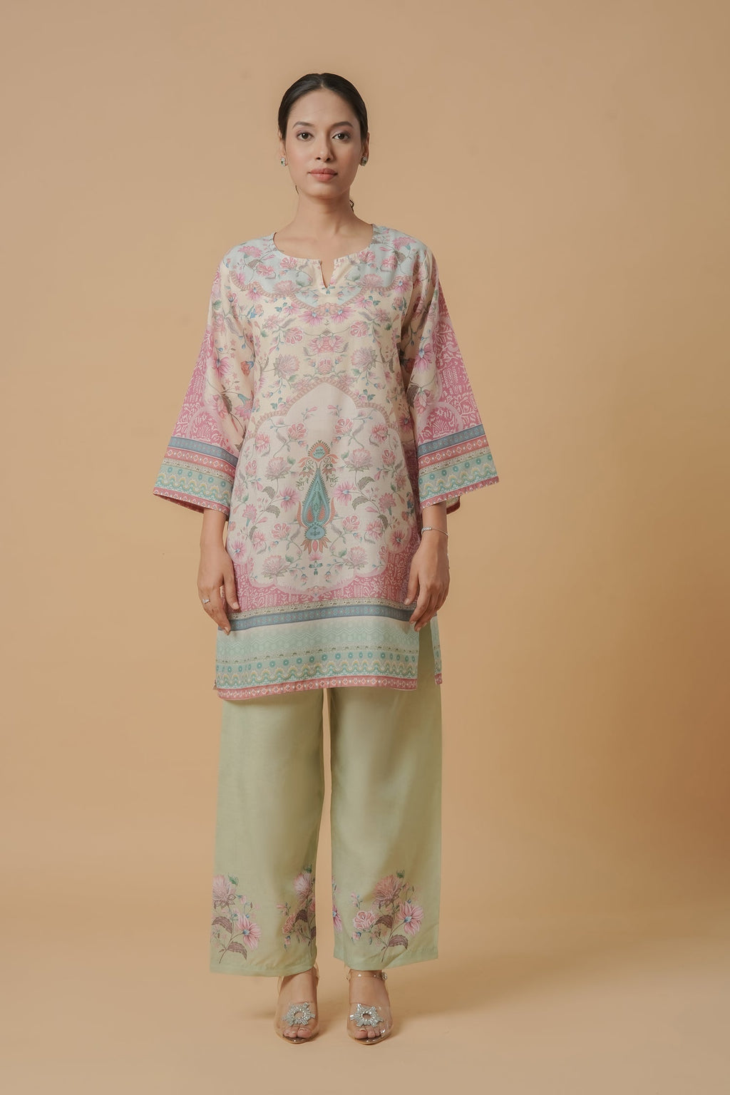 Plus Size - Lawn Cotton Printkari Co-ord Set – Ivory Pastel Floral with Straight Pant