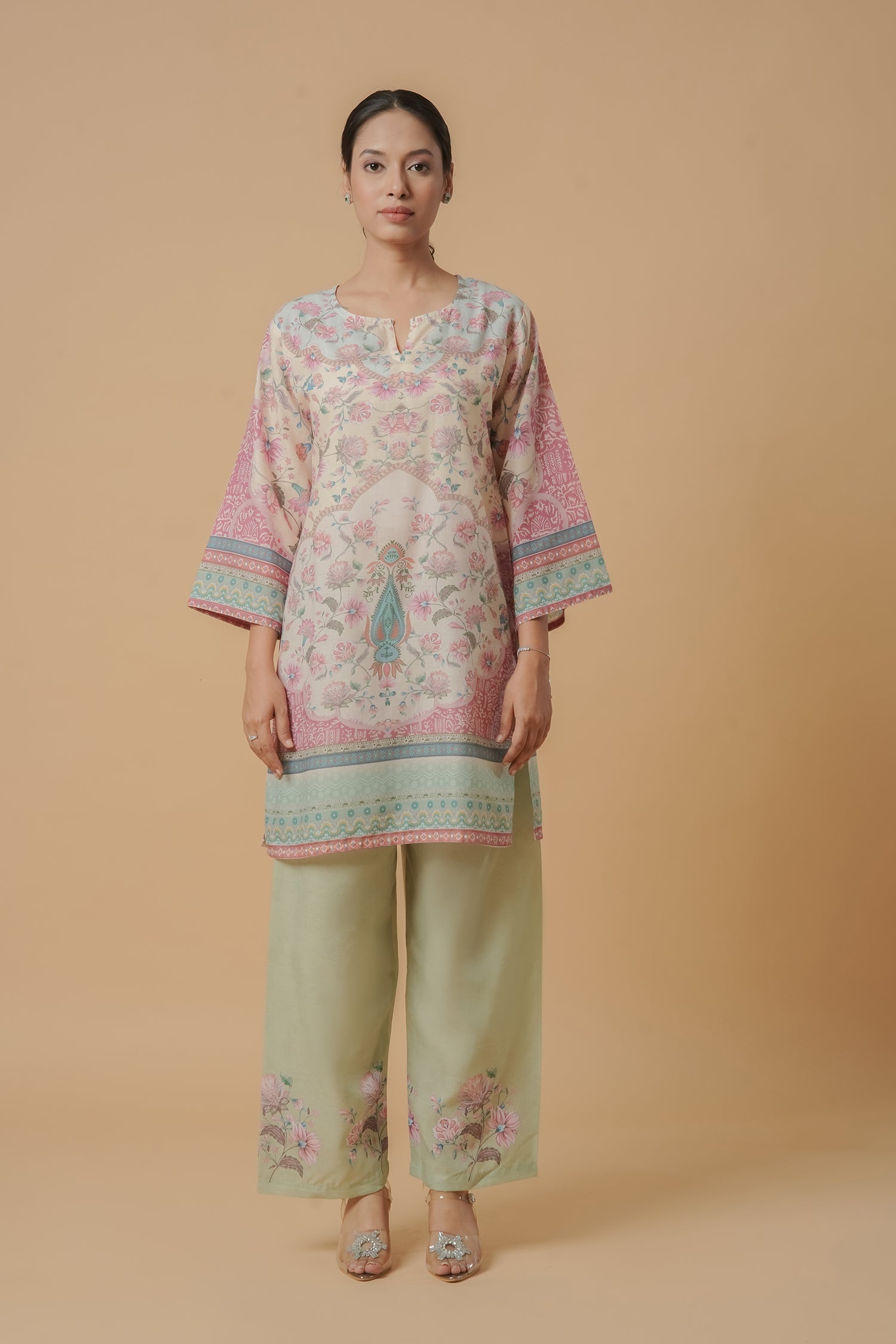 Plus Size - Lawn Cotton Printkari Co-ord Set – Ivory Pastel Floral with Straight Pant