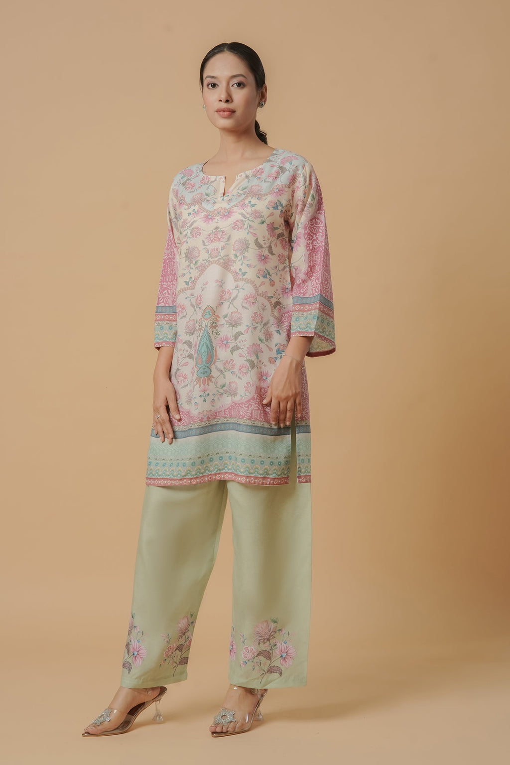 Plus Size - Lawn Cotton Printkari Co-ord Set – Ivory Pastel Floral with Straight Pant