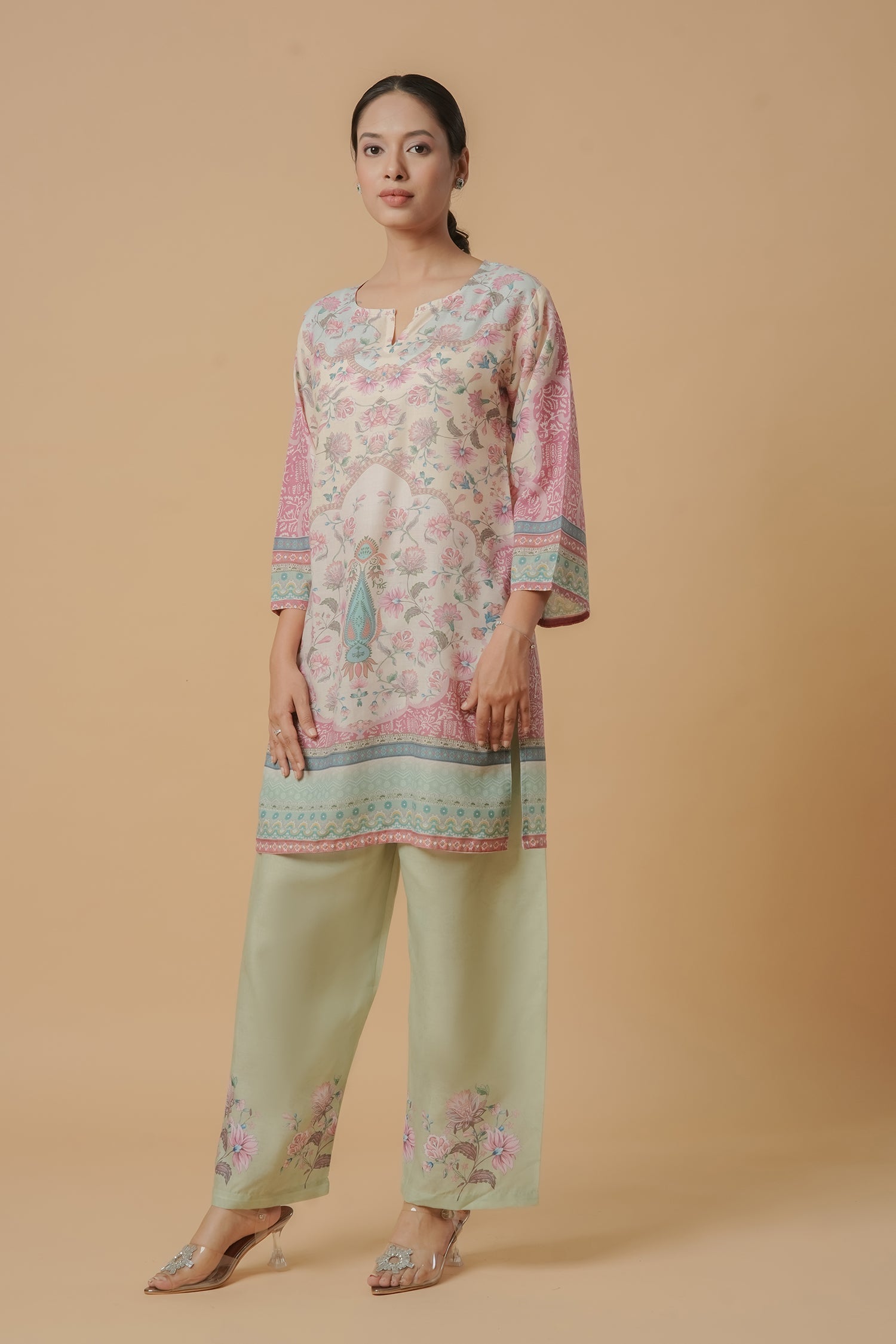 Plus Size - Lawn Cotton Printkari Co-ord Set – Ivory Pastel Floral with Straight Pant