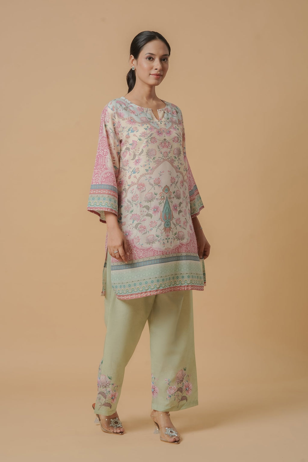 Plus Size - Lawn Cotton Printkari Co-ord Set – Ivory Pastel Floral with Straight Pant