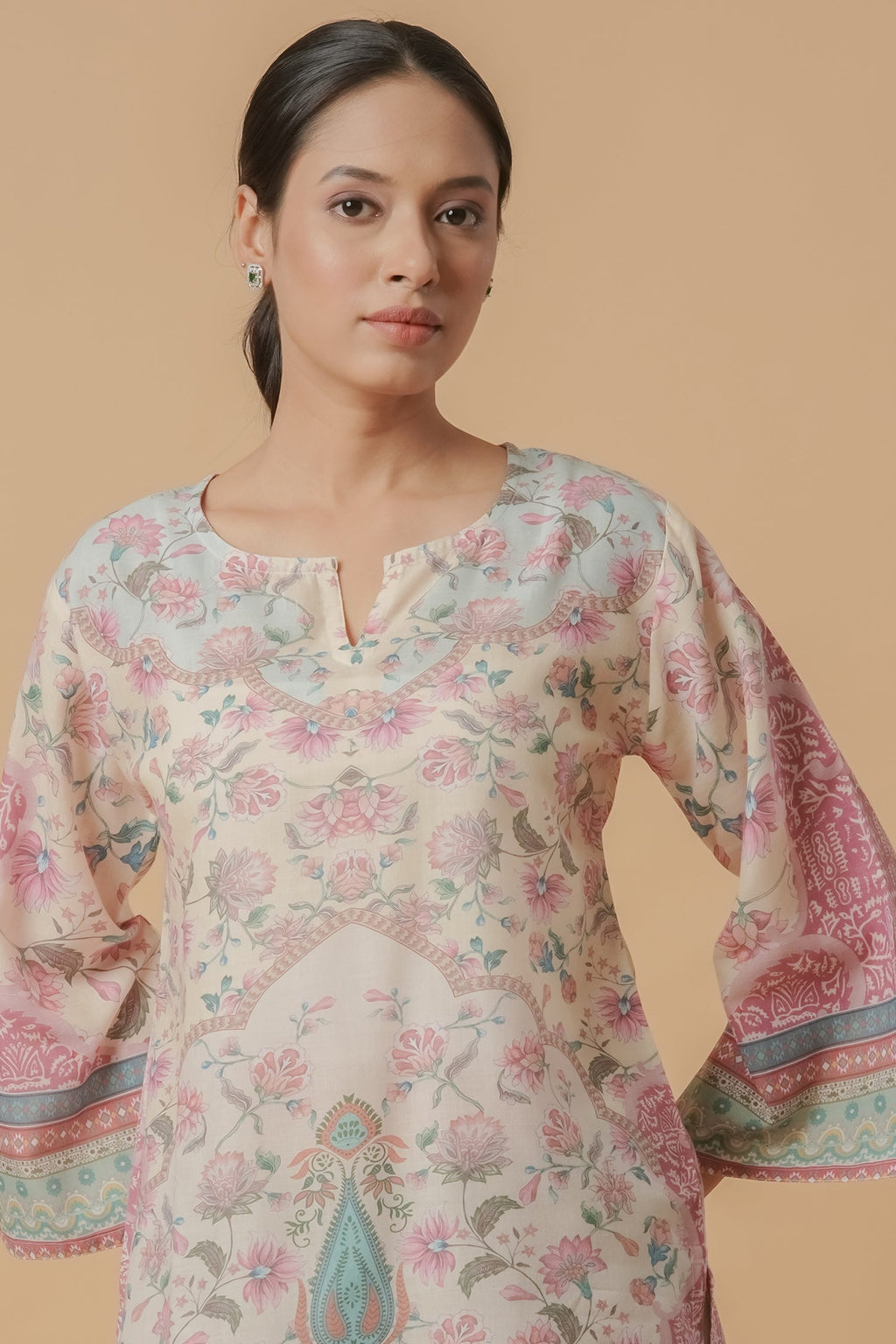 Plus Size - Lawn Cotton Printkari Co-ord Set – Ivory Pastel Floral with Straight Pant