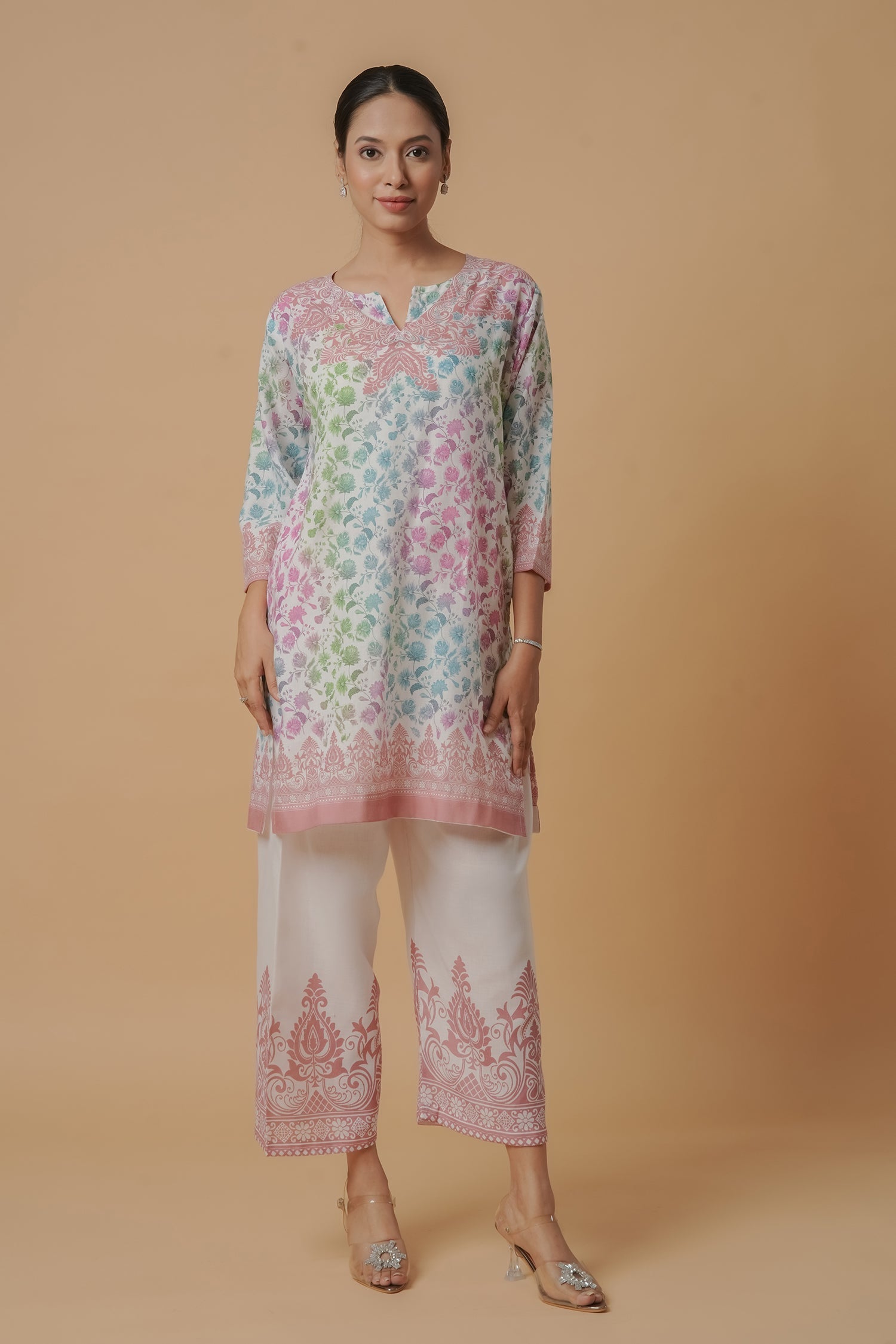 Shivani in Lawn Cotton Printkari Co-ord Set – White Multicolor With Straight pant