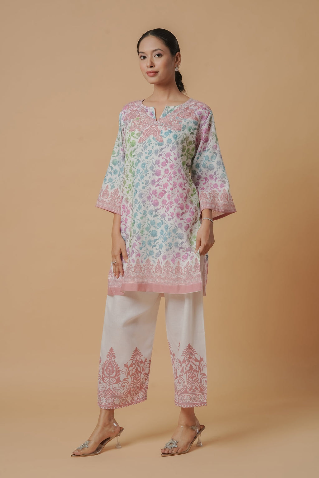 Shivani in Lawn Cotton Printkari Co-ord Set – White Multicolor With Straight pant