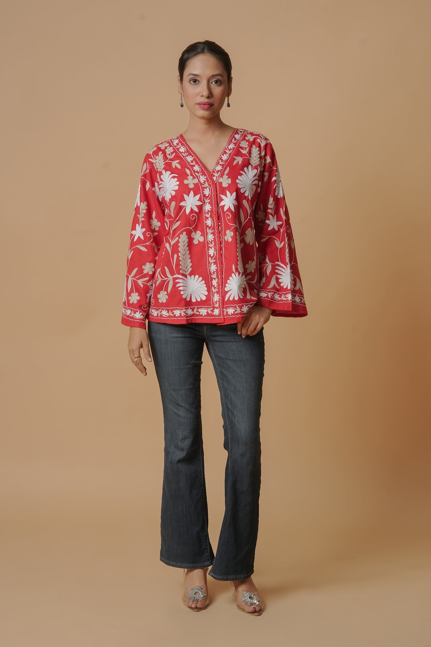 Plus Size - Kashmiri Jacket With Aari Work Cotton  – Red