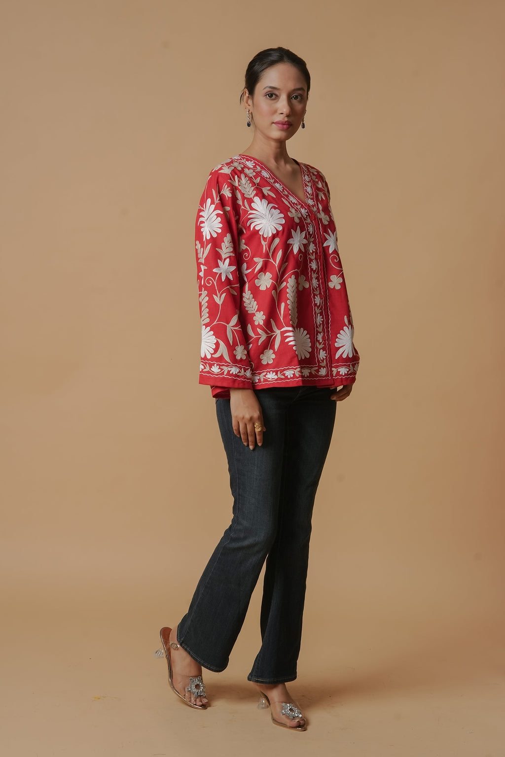 Plus Size - Kashmiri Jacket With Aari Work Cotton  – Red