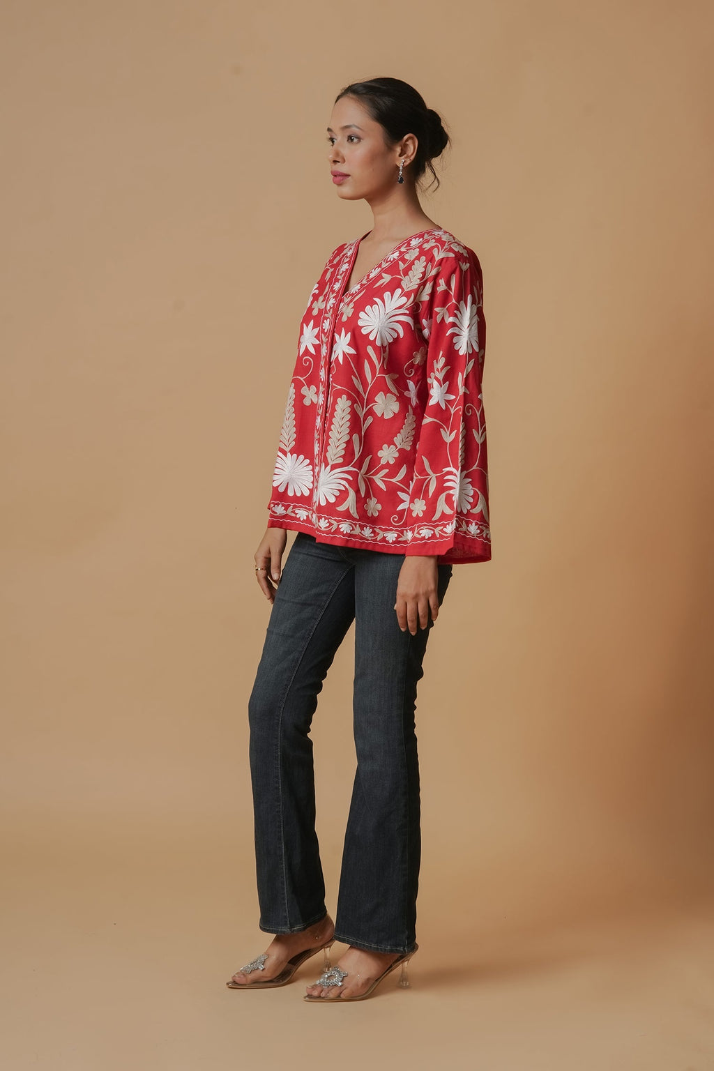 Plus Size - Kashmiri Jacket With Aari Work Cotton  – Red