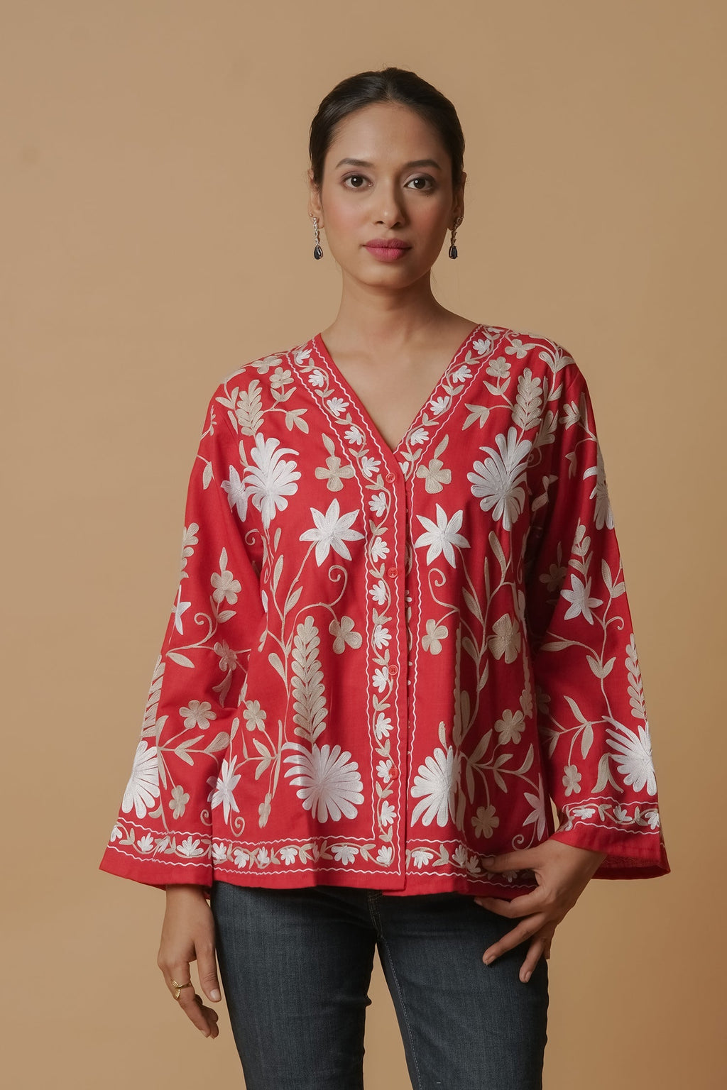 Plus Size - Kashmiri Jacket With Aari Work Cotton  – Red