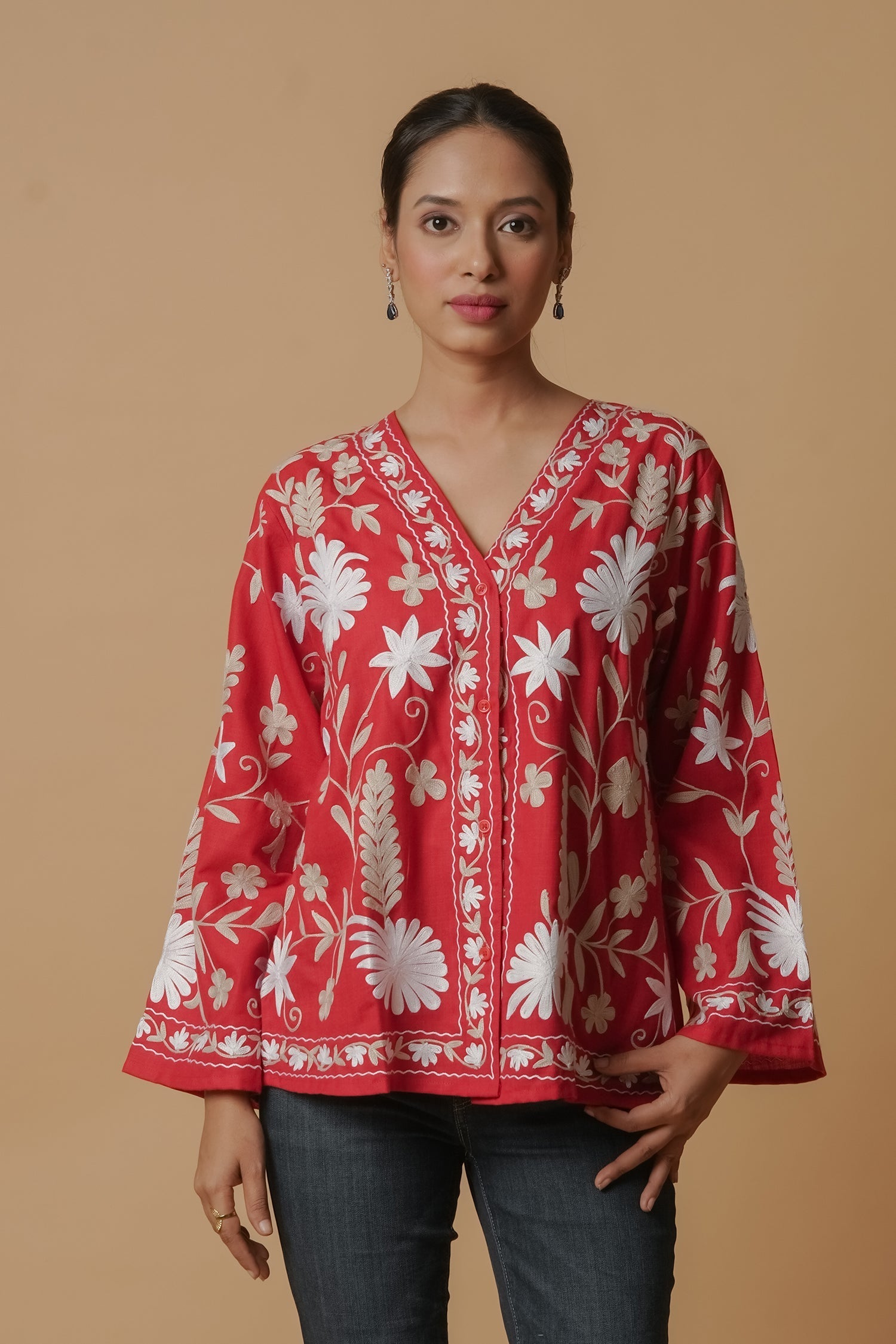 Plus Size - Kashmiri Jacket With Aari Work Cotton  – Red