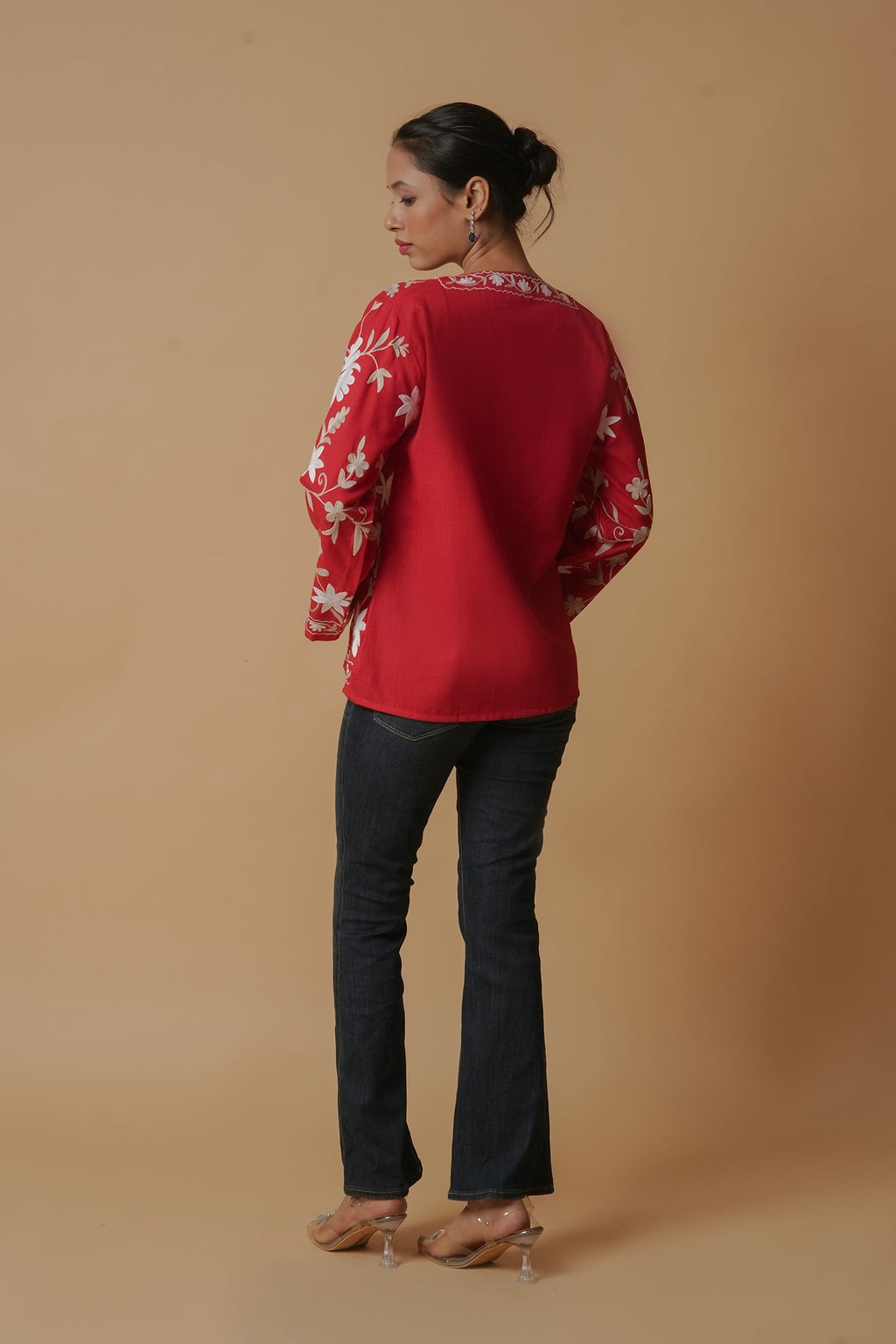 Plus Size - Kashmiri Jacket With Aari Work Cotton  – Red