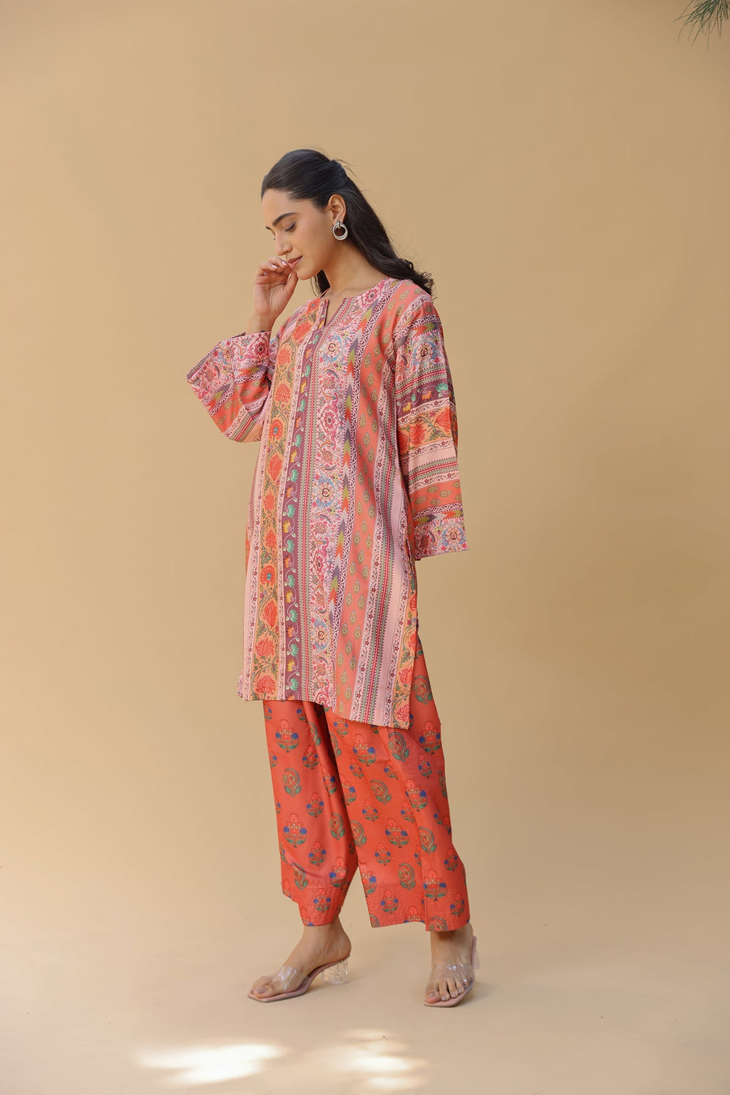 Pashmina Printkari Coord Set with Farsi Bottoms – Rust Orange