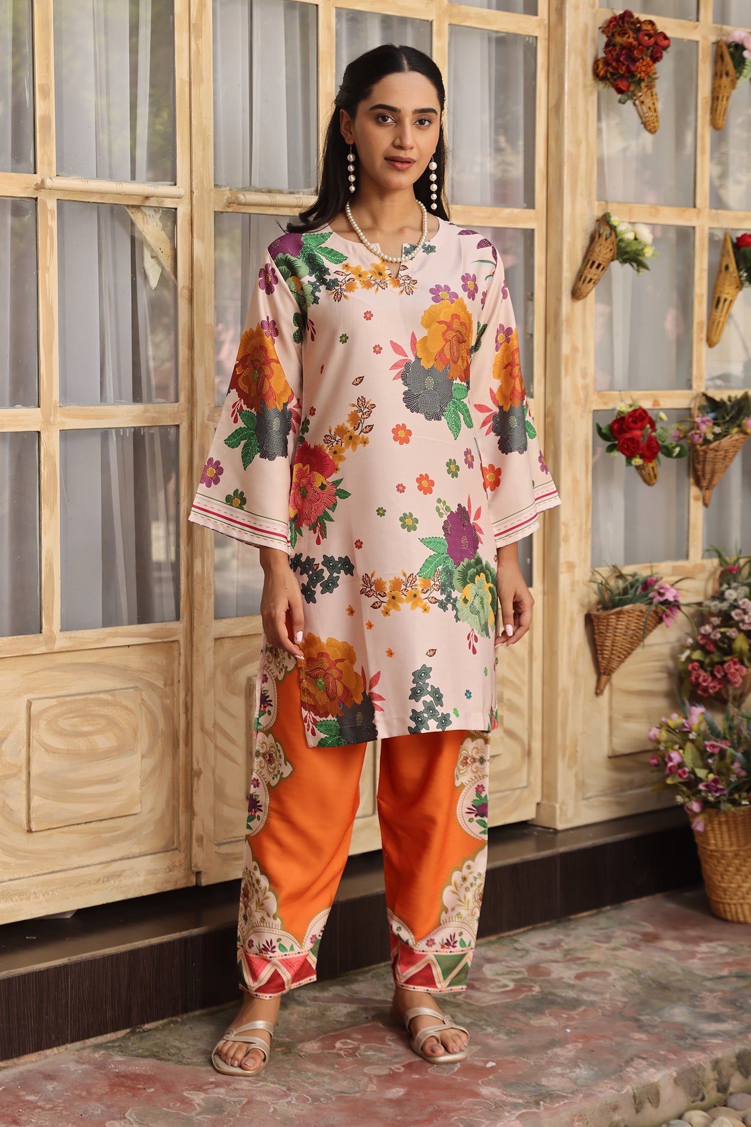 Pashmina Printkari Coord Set with Straight Bottoms – Beige & Rust