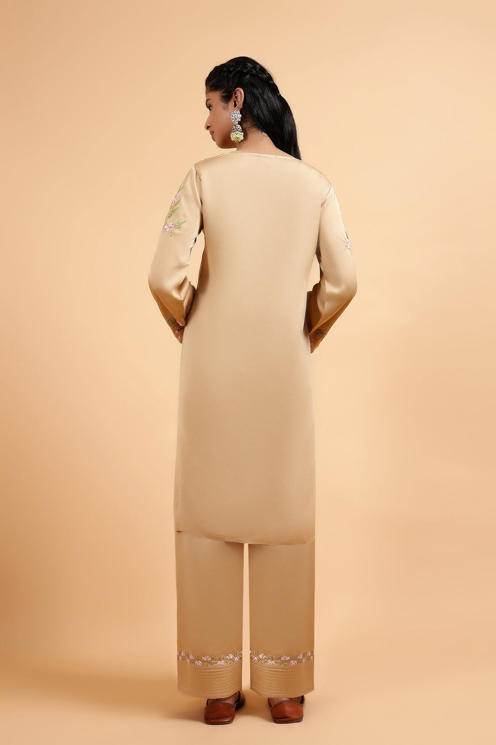 Soumya in Chikankari Kurta Set in Satin Silk with Farsi Pants – Beige