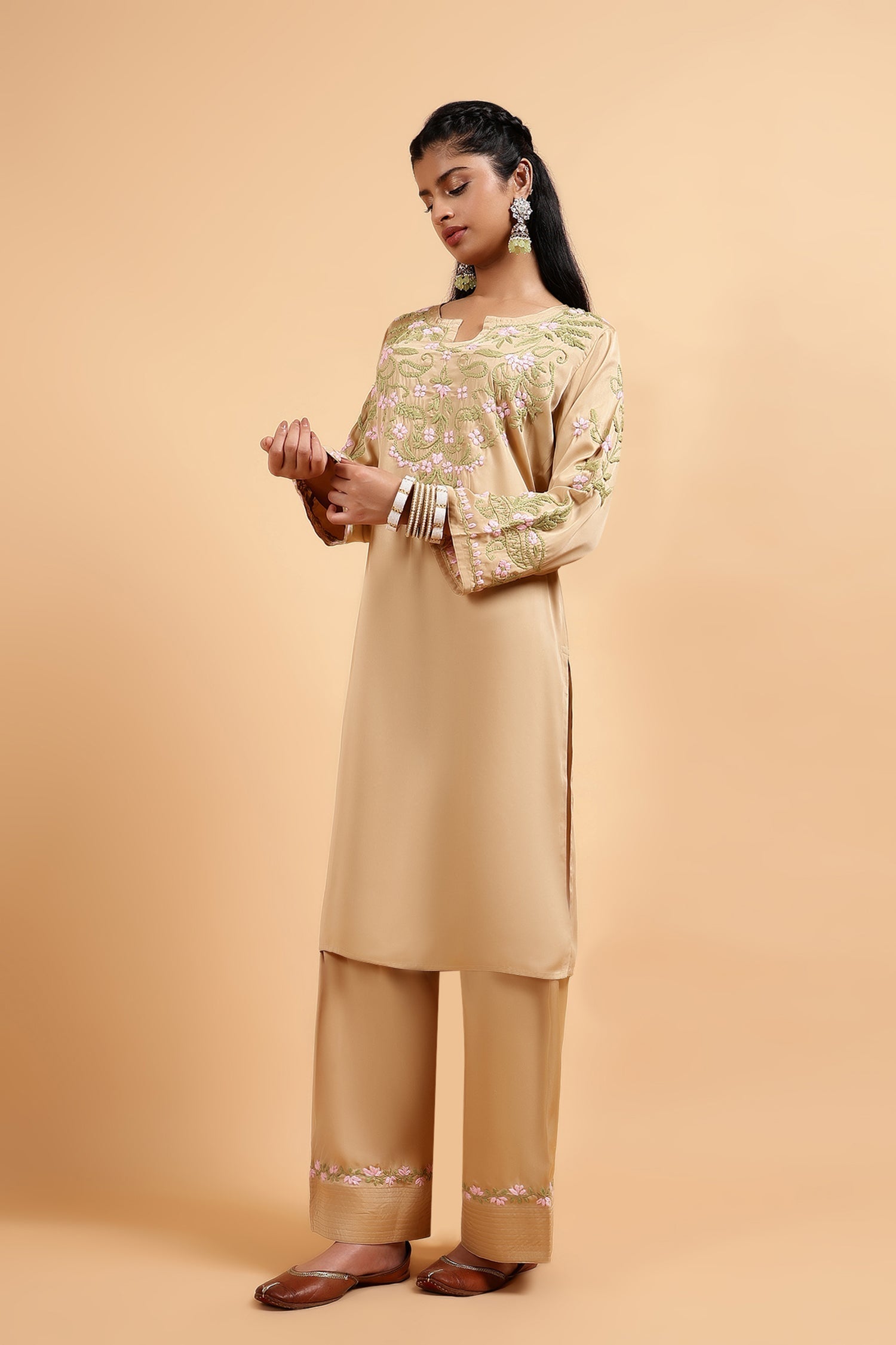 Soumya in Chikankari Kurta Set in Satin Silk with Farsi Pants – Beige