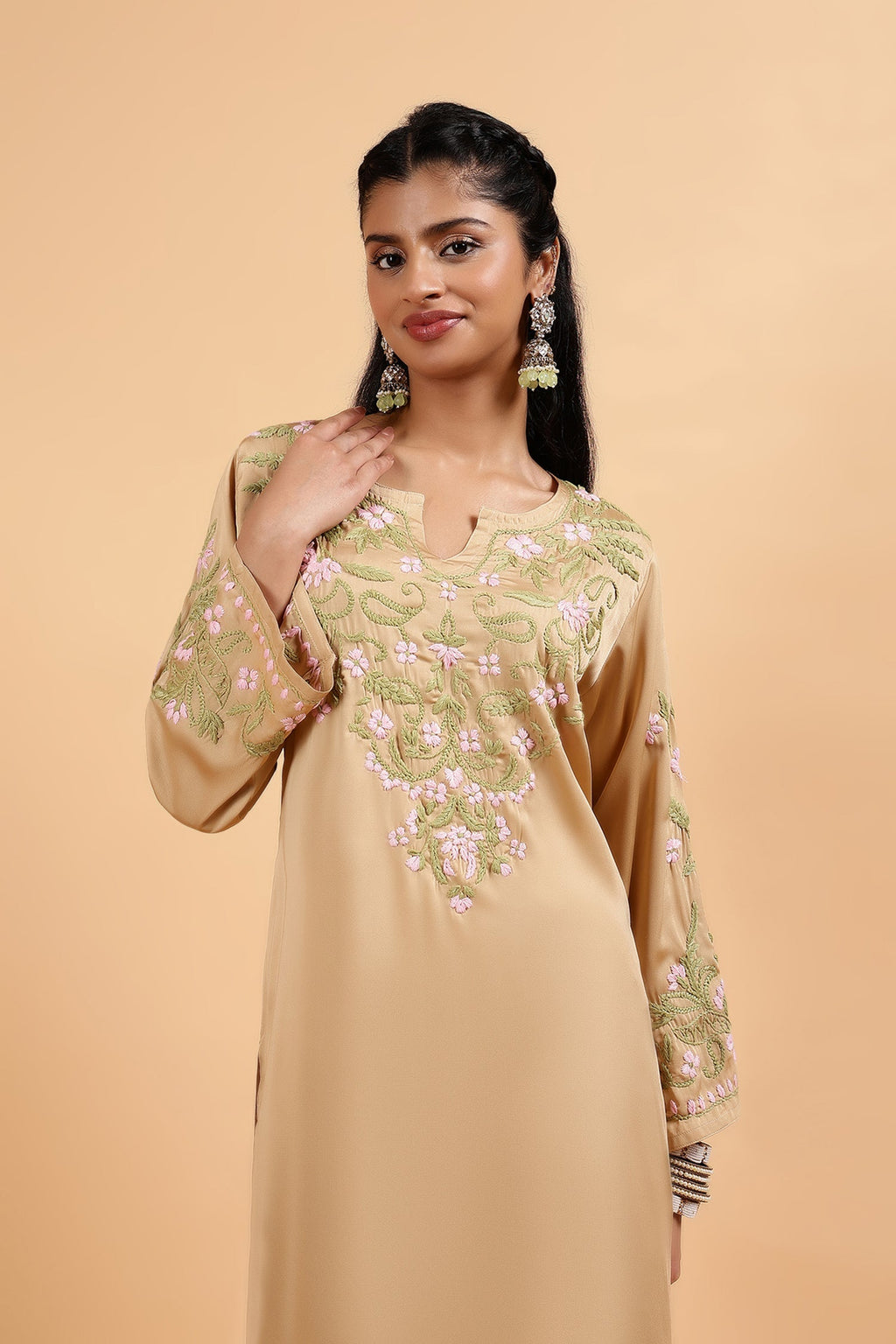 Soumya in Chikankari Kurta Set in Satin Silk with Farsi Pants – Beige