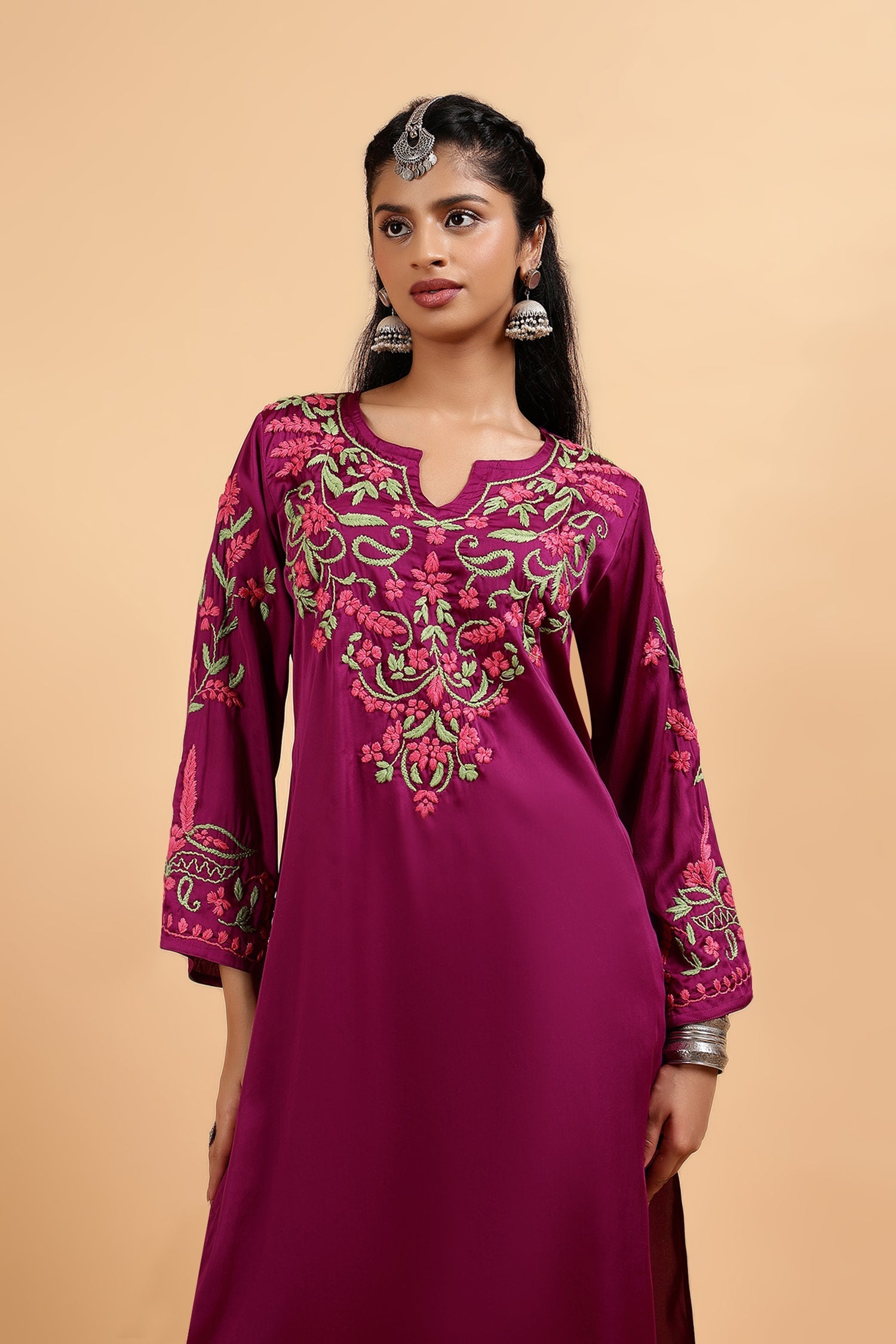 Chikankari Kurta Set in Satin Silk with Farsi Pants – Purple