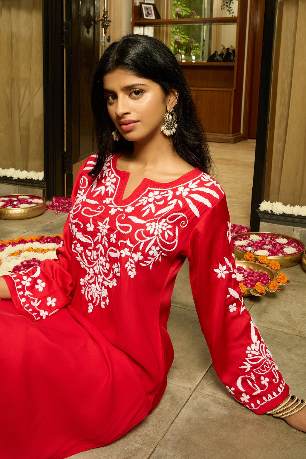 Chikankari Kurta Set in Satin Silk with Farsi Pants – Red