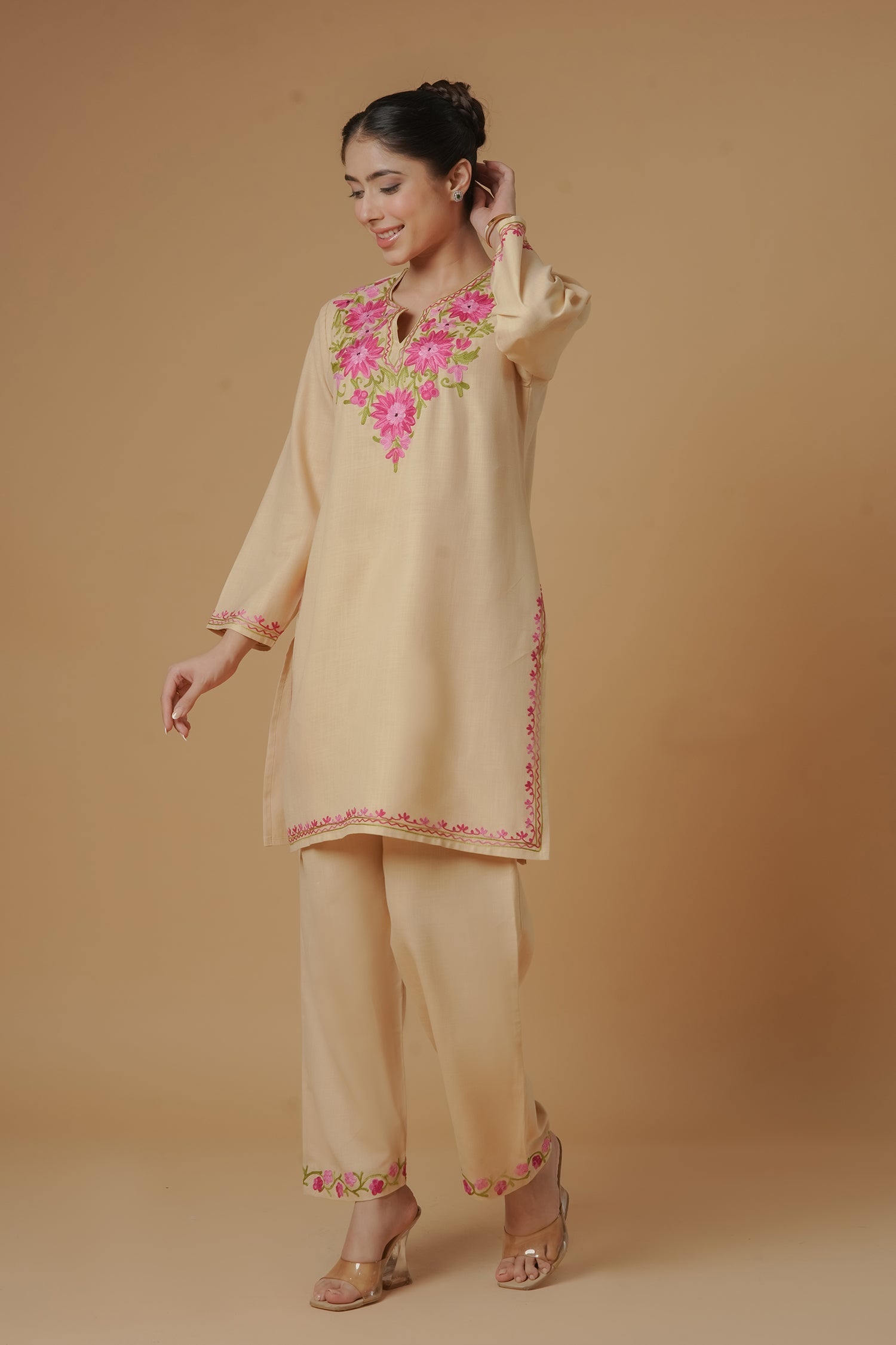 Pooja in Kashmiri Aari Work Cotton Kurta Set - Beige