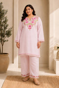 Plus Size - Kashmiri Aari Work Cotton Kurta Set - Baby Pink
