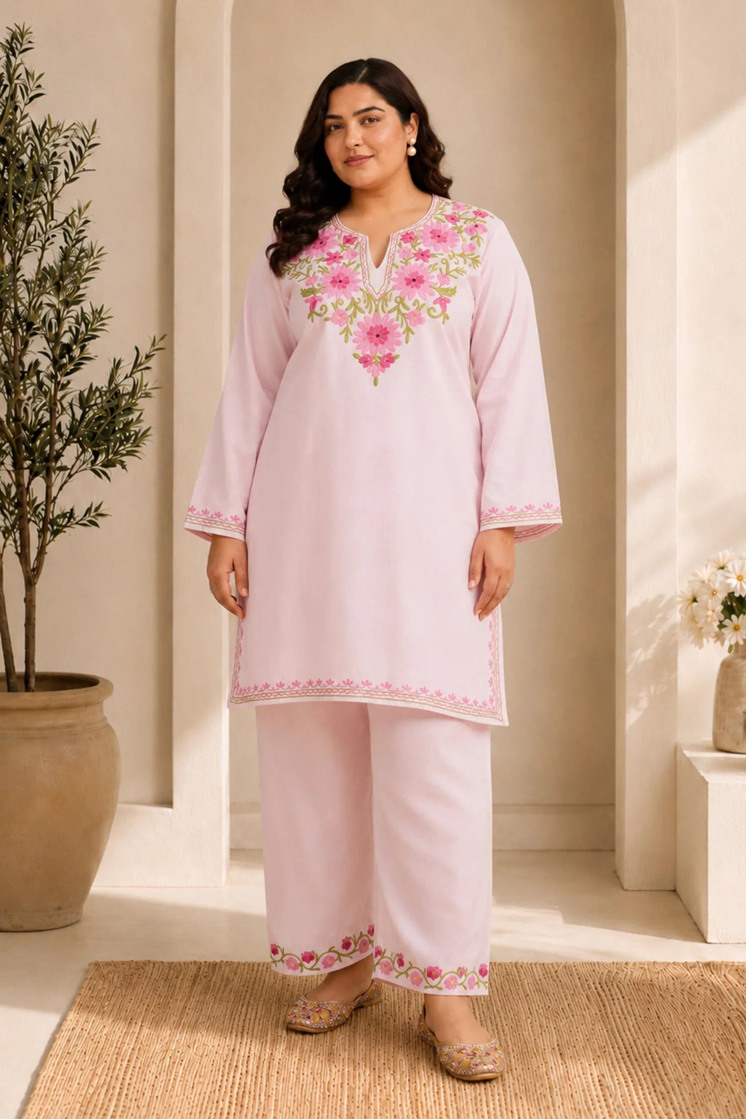 Plus Size - Kashmiri Aari Work Cotton Kurta Set - Baby Pink