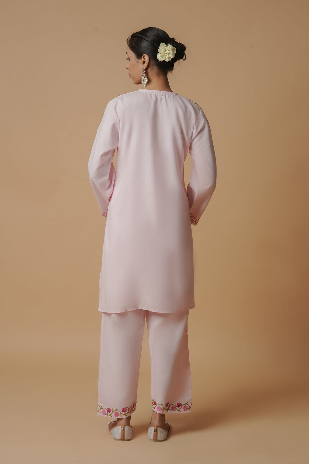 Plus Size - Kashmiri Aari Work Cotton Kurta Set - Baby Pink