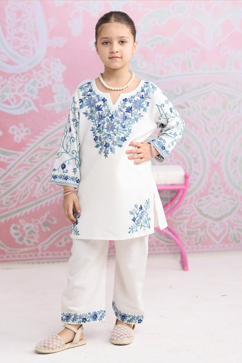 Kids White Cotton Kurta Set with Kashmiri Aari Work