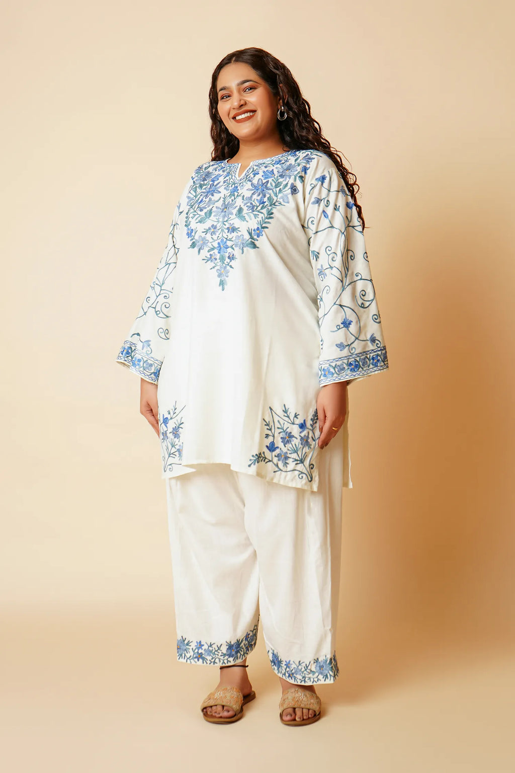 Plus Size - Kashmiri Aari Work Cotton Kurta with Farsi Pant - White