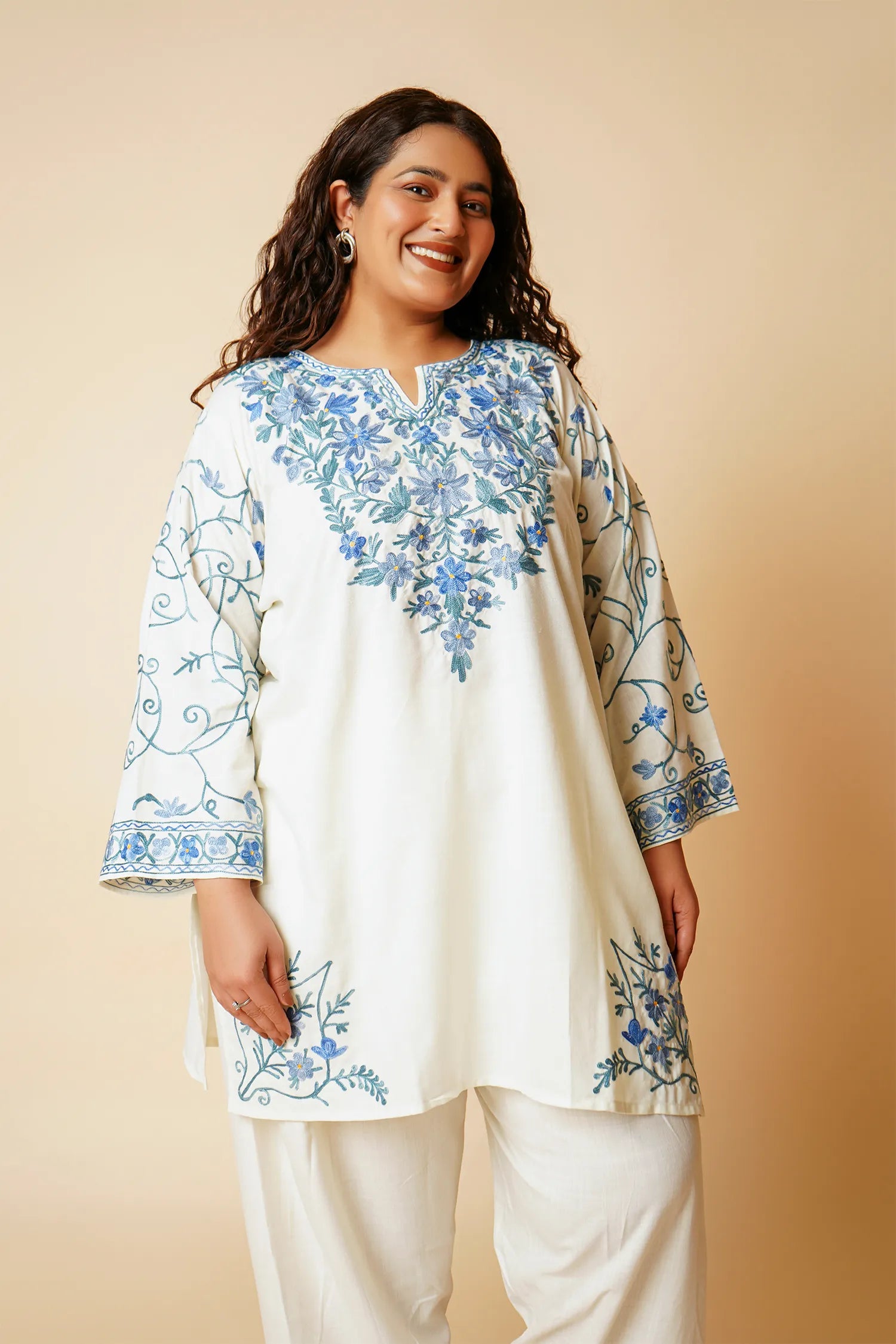 Plus Size - Kashmiri Aari Work Cotton Kurta with Farsi Pant - White