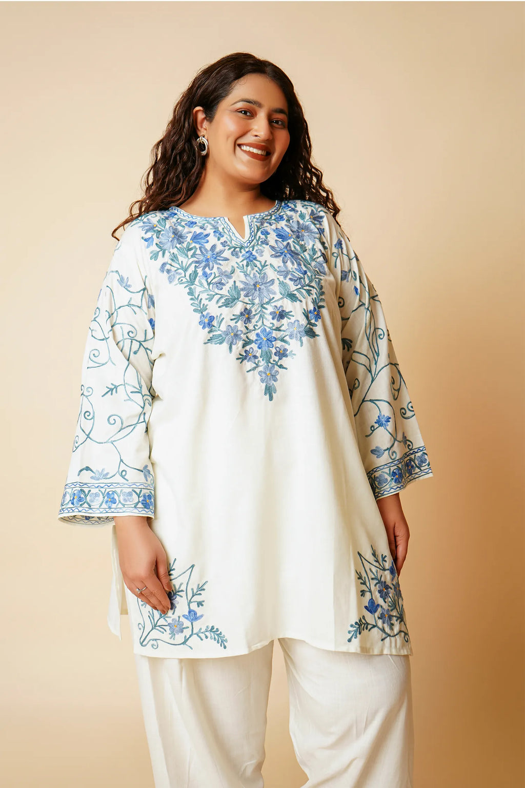 Plus Size - Kashmiri Aari Work Cotton Kurta with Farsi Pant - White