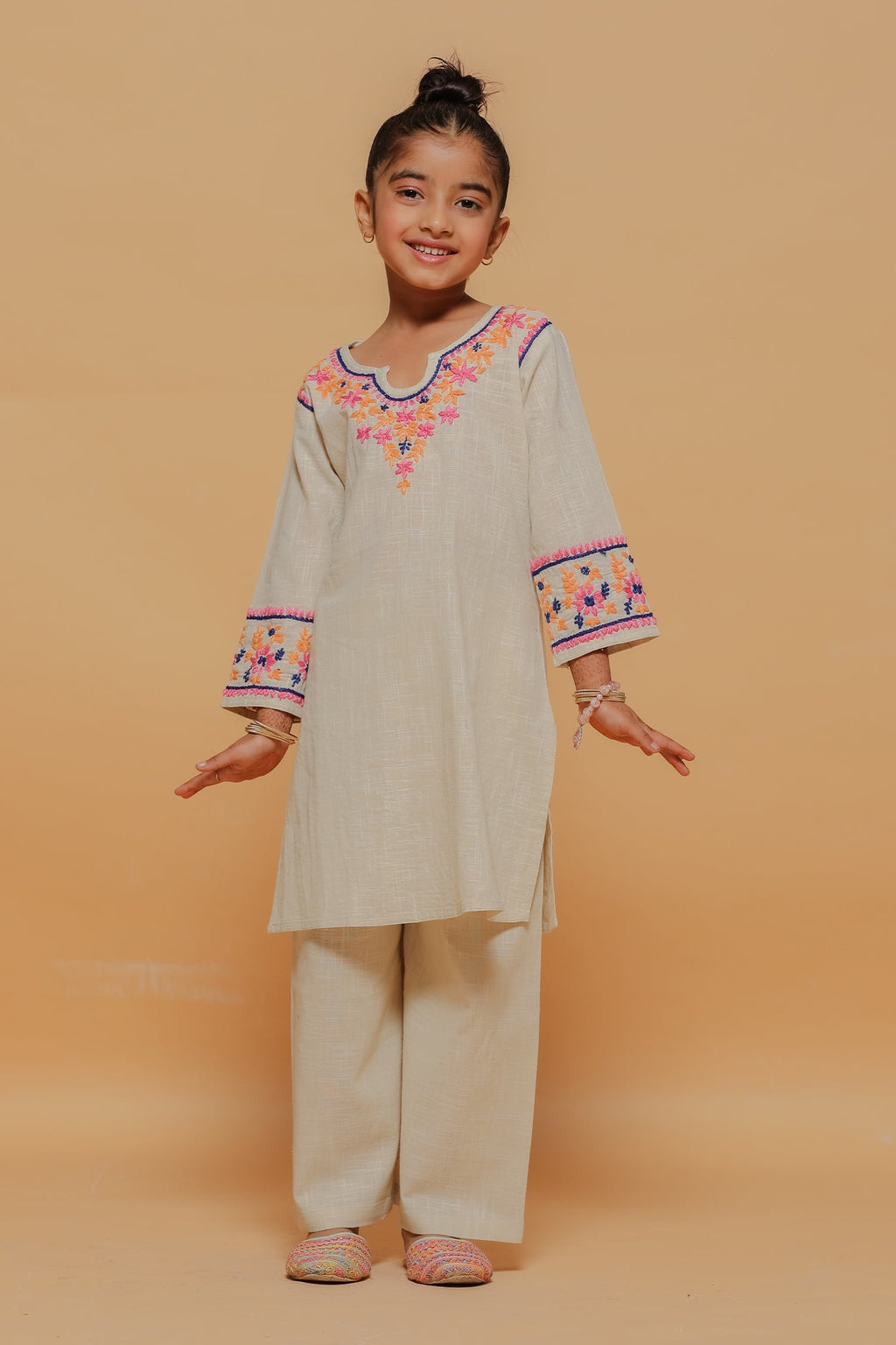 Kids Beige Hand-Embroidered Chikankari Slub Cotton Kurta Set