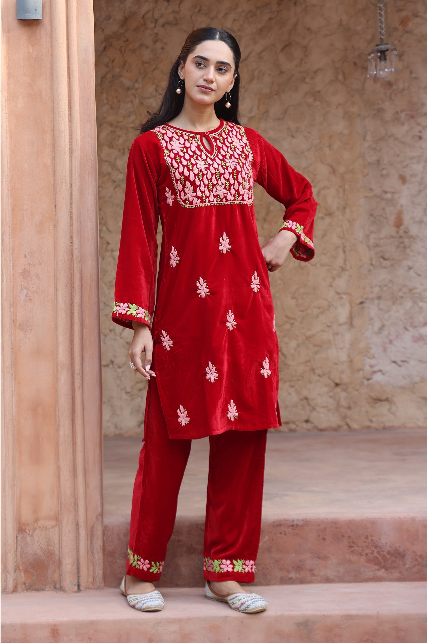 Velvet Chikankari Kurta Set – Red