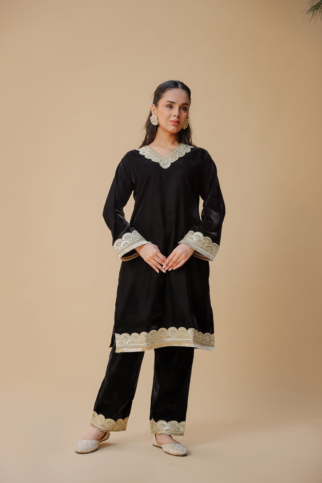 Velvet Kurta Set with Gold Zari Lace Work - Black