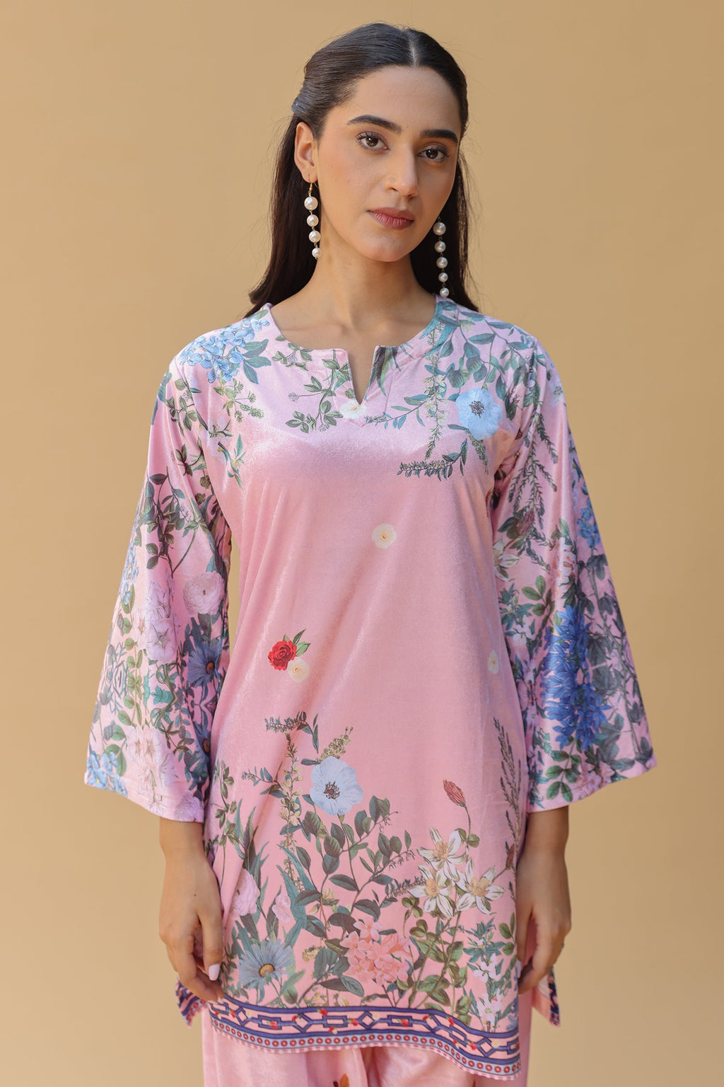 Velvet Printkari Coord Set with Straight Bottoms – Blush Pink